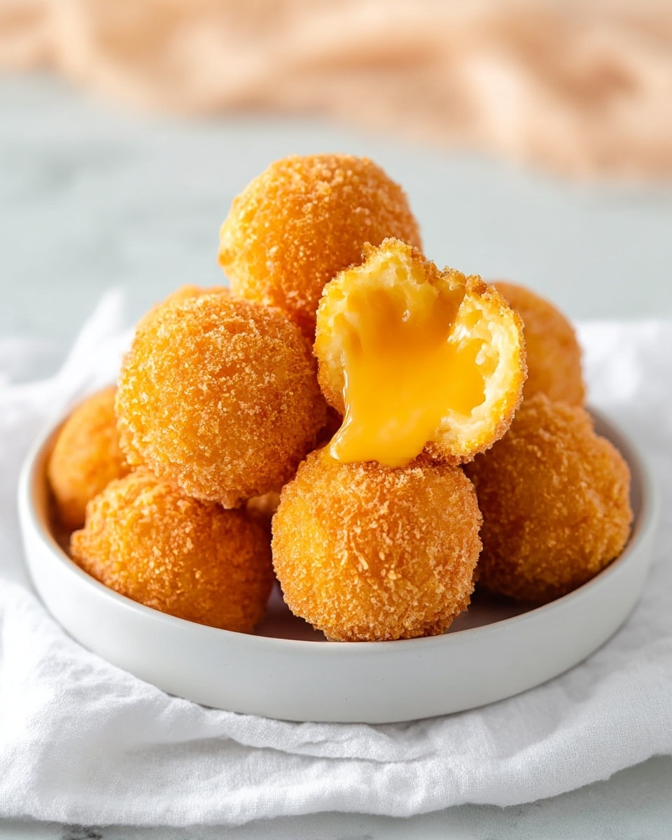 A white bowl filled with round golden brown fried cheese balls, stacked in a small pile. The cheese balls have a crispy textured outer layer. One cheese ball is broken open on top, showing a bright, melted, shiny yellow-orange cheese inside that looks soft and stretchy. The bowl sits on a white cloth over a white marbled surface. The background is softly blurred with warm, light colors. photo taken with an iphone --ar 4:5 --v 7