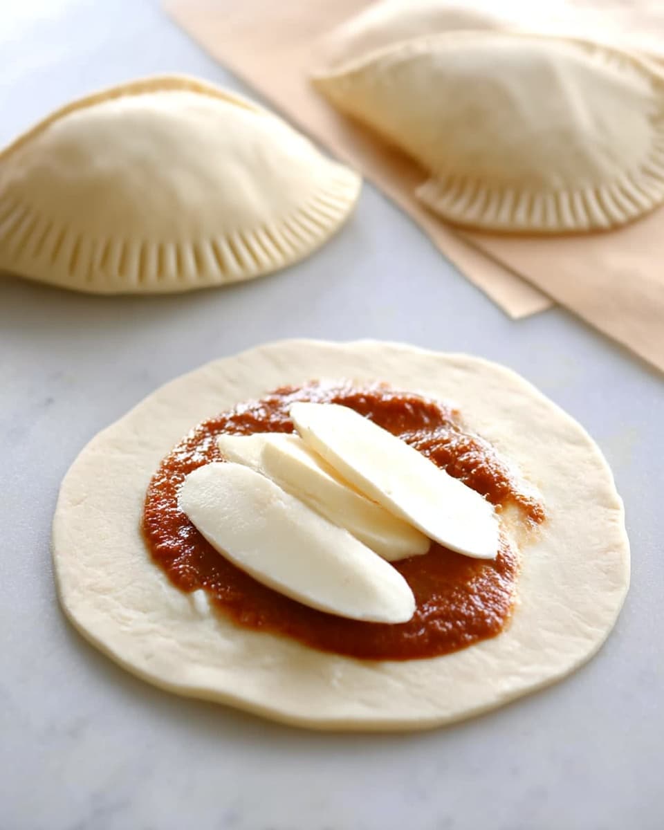 A white plate holds two golden brown calzones with a crispy crust, one whole and one being pulled apart by a woman's hand, revealing a string of melted white cheese stretching between the halves, along with small round slices of orange pepperoni inside. Behind, there are more calzones resting on a black cooling rack on a white marbled surface. The overall scene is bright and clean with natural light highlighting the textures of the crispy dough and gooey cheese. photo taken with an iphone --ar 4:5 --v 7