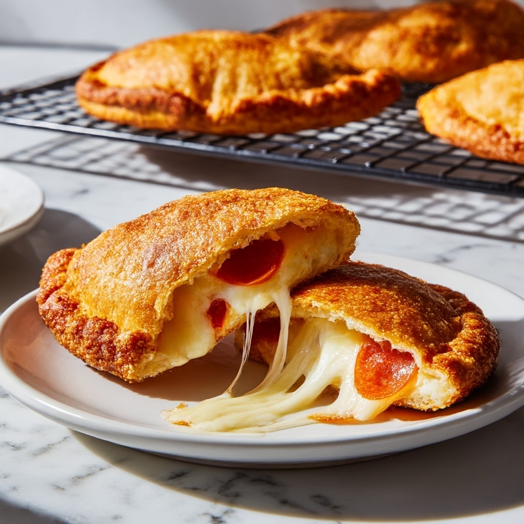 The image shows four golden-brown fried pockets arranged on a black cooling rack. Each pocket has a crispy texture with small bubbles and a crimped edge, indicating they are sealed. At the top right of the rack, there is a small white bowl filled with bright red marinara sauce. Near the top left corner on a cork board, a block of pale yellow cheese is partially visible with a smooth surface. Above the pockets, there is a small white bowl containing tiny red circular pepperoni slices. The background features a white marbled surface. photo taken with an iphone --ar 4:5 --v 7