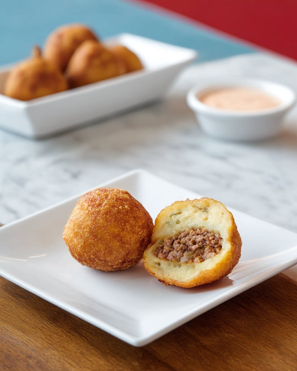 Three golden brown round fried balls are placed in a straight line on a long white rectangular plate. The front ball is in clear focus while the other two blur gently into the background. The plate sits on a blue cloth, which lays on top of a wooden surface. The image is bright and simple with no extra decoration, photo taken with an iphone --ar 4:5 --v 7