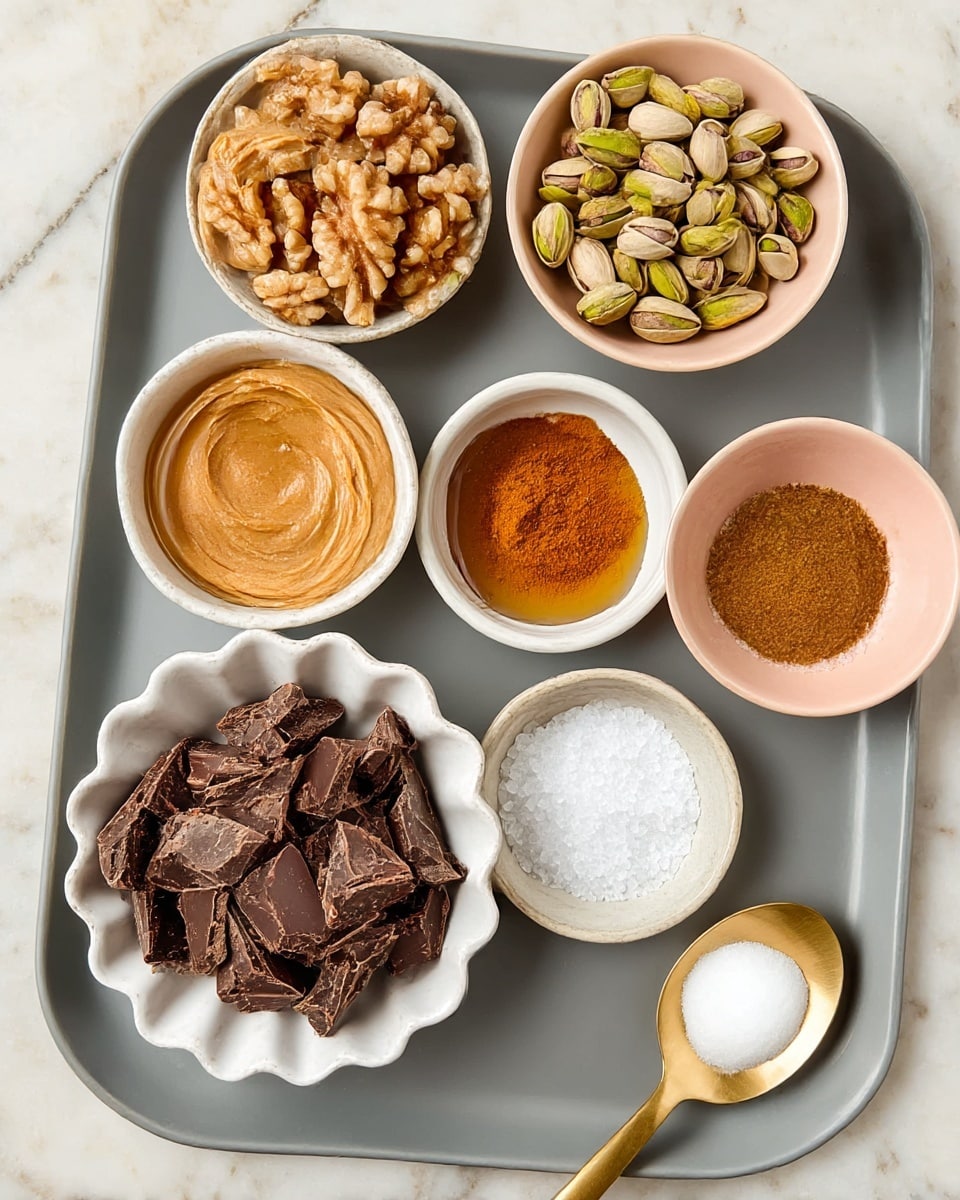 The image shows a gray tray with seven small white bowls and one spoon arranged on a white marbled surface. In the front center is a scalloped bowl filled with dark brown chocolate pieces, rough and uneven in shape. To its left is a smooth bowl with light brown peanut butter, creamy and thick. Above the peanut butter bowl is another smooth bowl filled with large walnut pieces, light brown with rough texture. To the right of the walnuts is a bowl with pale green pistachio nuts that have brown skins. Above the pistachios is a pink bowl with a small heap of cinnamon powder, reddish-brown and fine. To the left of the pink bowl is another bowl holding smooth, light brown honey. Below the peanut butter bowl is a bowl of coarse white salt crystals. Lastly, a golden spoon with a white solid item, likely coconut oil, sits at the bottom right of the tray. Photo taken with an iphone --ar 4:5 --v 7