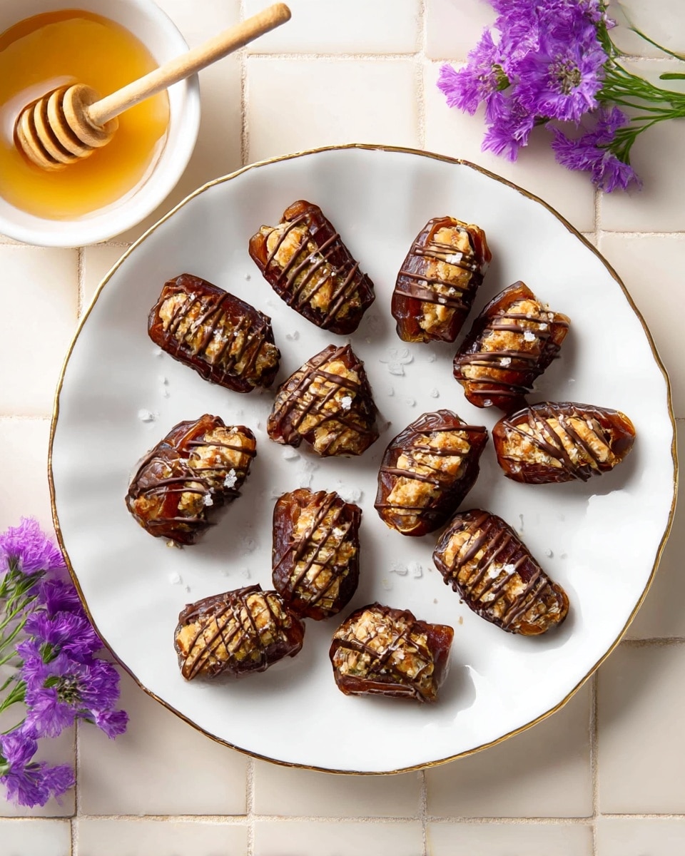 A white plate holds a ring of stuffed dates with a rich dark brown outer skin. Each date is split open and filled with a chunky, textured golden-brown filling that has small pieces of green pistachio mixed in. Thin lines of dark chocolate drizzle cover each stuffed date, adding contrast, and flaky white salt is sprinkled on top for a finishing touch. The plate rests on a white marbled surface. photo taken with an iphone --ar 4:5 --v 7