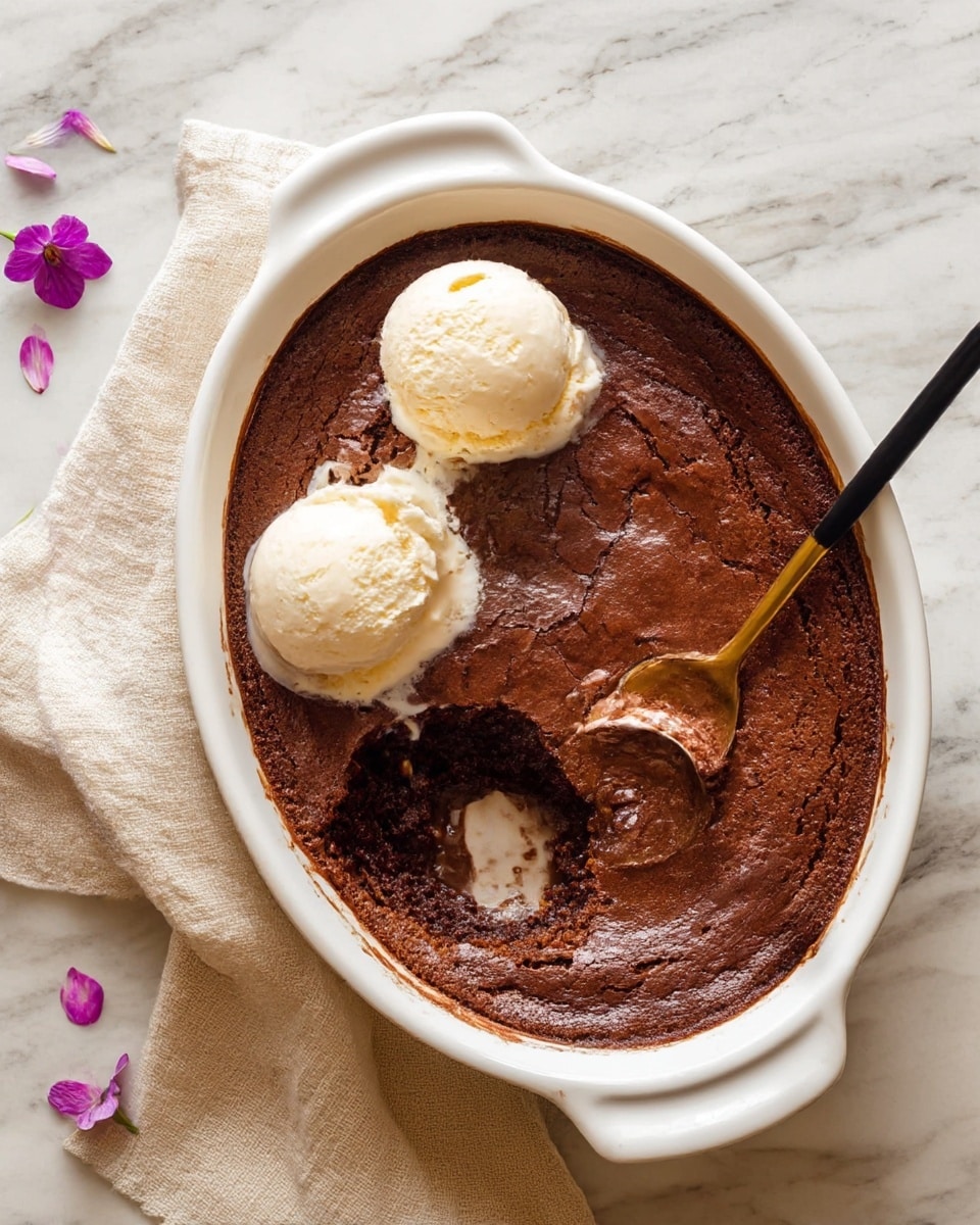 A white cup holds a brownie dessert as the base layer, which is dark brown with a cracked, slightly crispy texture on top. On top of the brownie, there is a single scoop of creamy, light beige vanilla ice cream, smooth and rounded with subtle swirls. A few large flakes of coarse salt scatter on the brownie’s surface, adding small white shiny spots. The cup sits on a white marbled surface with scattered pink flower petals around it and a beige cloth partially visible near the cup’s handle. Photo taken with an iphone --ar 4:5 --v 7