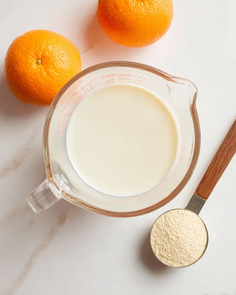 The image shows a creamy pale yellow smoothie in a clear glass with a rounded shape, filled almost to the top with visible small chunks of orange fruit inside. On top of the smoothie, there is a bright green fresh mint sprig, adding a pop of color. The glass sits on a light square tile with some texture. In the background, there is a small transparent glass pitcher with a yellow liquid, placed on a white marbled surface. Soft natural light falls on the scene highlighting the creamy texture of the smoothie. Photo taken with an iphone --ar 4:5 --v 7