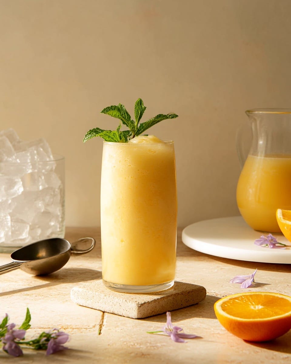 The image shows a clear glass measuring cup filled with white milk, positioned in the center on a white marbled surface. To the upper left of the cup, there are two whole bright orange oranges with smooth skins. To the right of the cup, there is a wooden and metal measuring spoon filled with a fine beige powder, possibly sugar or flour. The background is clean and bright, highlighting the colors and textures of the ingredients. Photo taken with an iphone --ar 4:5 --v 7