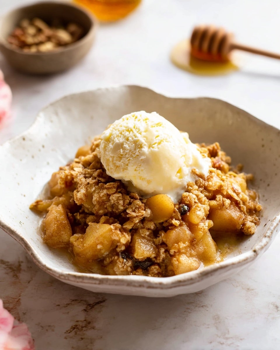 A round white dish filled with a crumbly baked dessert that has a golden brown oat and nut topping, showing a rough and crunchy texture. On top, there are two scoops of pale vanilla ice cream, softly melting with a light drizzle of honey or syrup. Next to the dish, on a white marbled surface, there is a small white bowl with honey and a wooden honey dipper resting inside it, and a small wooden container holding green pistachio nuts. A pale peach rose is placed partly behind the dish, adding a soft, natural touch. photo taken with an iphone --ar 4:5 --v 7
