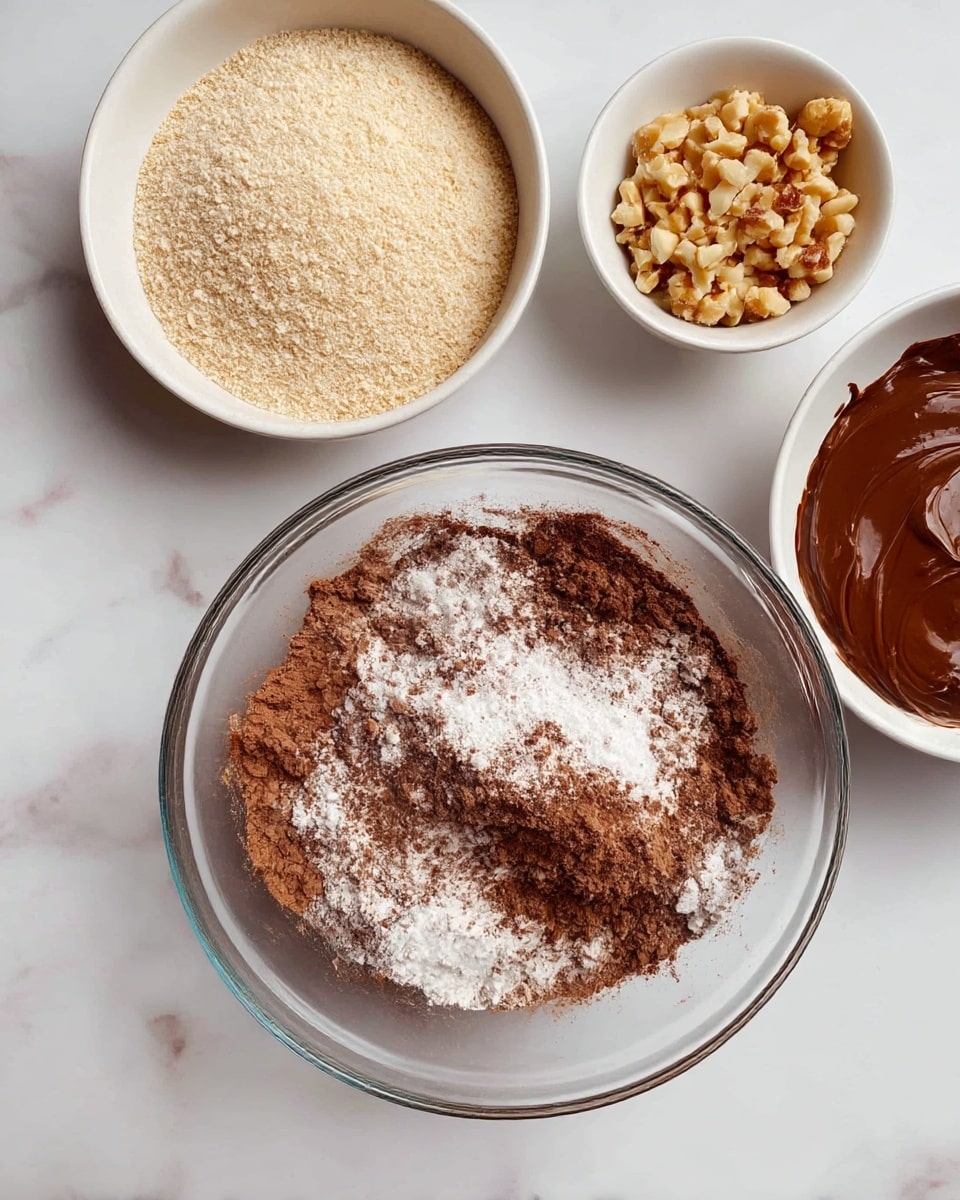 The image shows several round chocolate cookies on a white marbled surface. Each cookie has two layers: a rough-textured dark brown chocolate base covered with small chopped nuts around the edges, and a smooth, shiny dollop of darker chocolate center filling. The cookies are spaced close together, and some crumbs are scattered around them. To the right edge, there is a white plate partially visible filled with light brown crumbs. The photo taken with an iphone --ar 4:5 --v 7