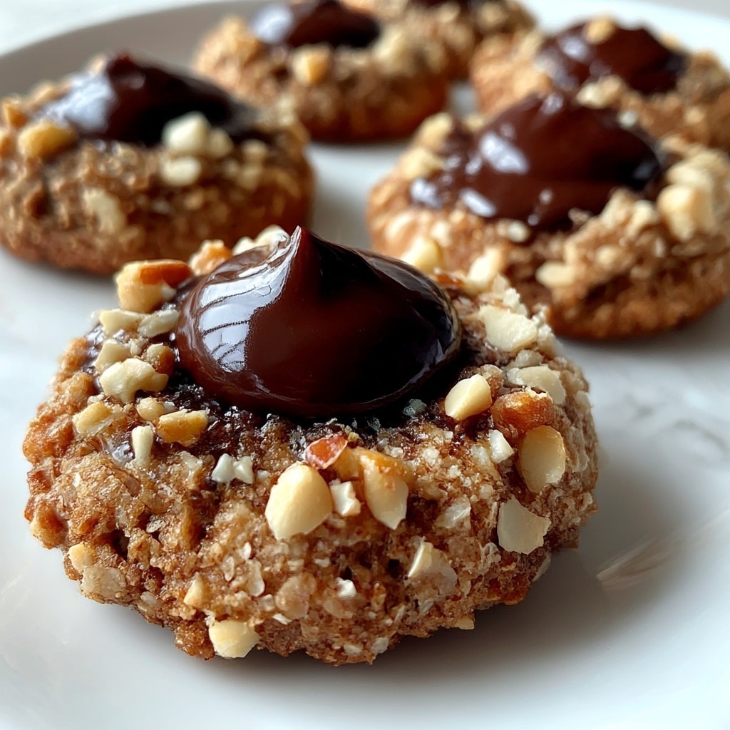 A close-up of a small round chocolate cookie held by a woman's hand, with a dark chocolate center dollop. The cookie has a rough texture and is coated with chopped light tan nuts around the edges. In the background, there is a white plate filled with similar cookies, all on a white marbled surface. Photo taken with an iphone --ar 4:5 --v 7
