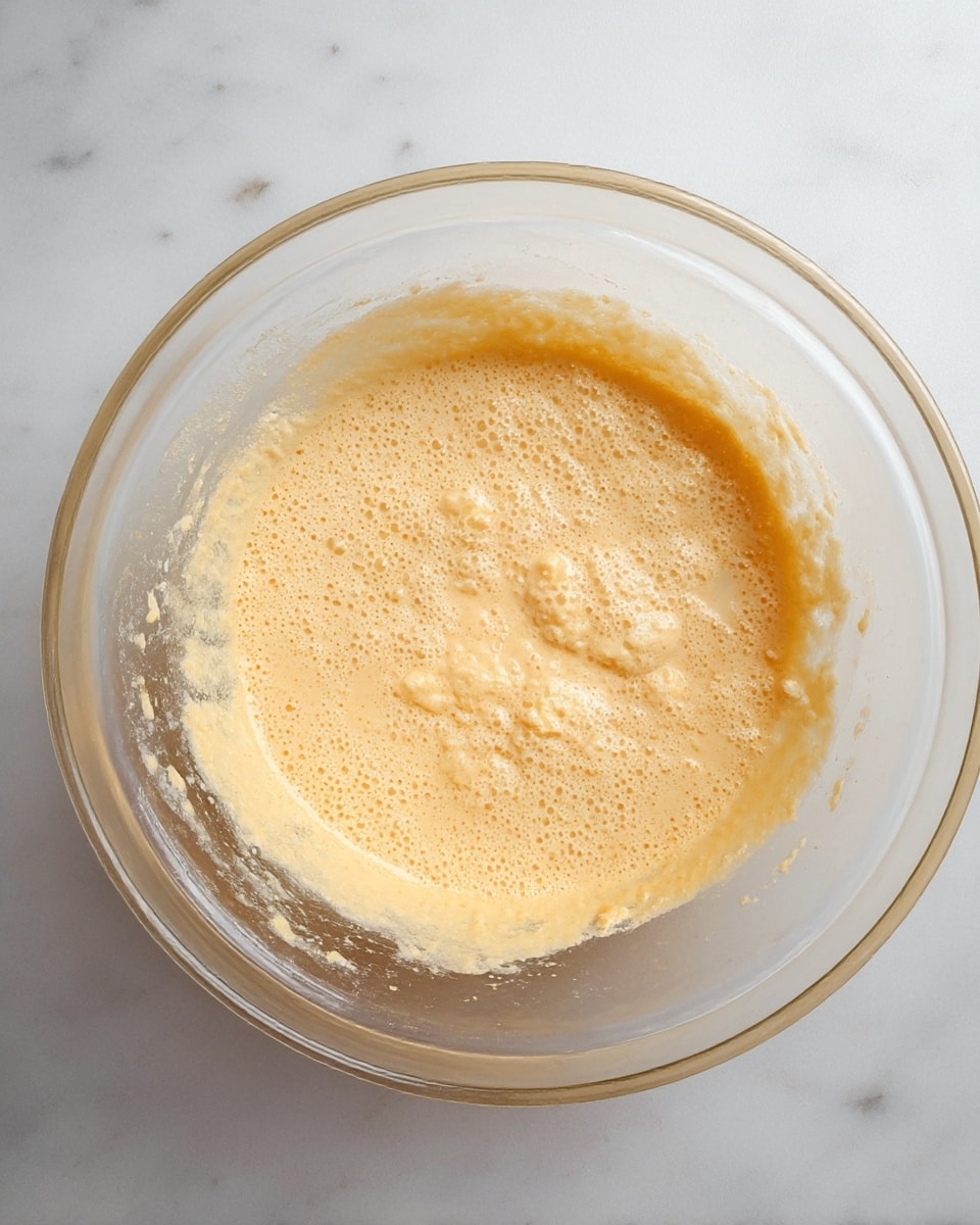 A clear glass bowl sits on a white marbled surface filled with a light orange batter that has a frothy texture on top and some small clumps lying within it. The batter spreads thinly across the bottom and edges of the bowl, showing uneven mixing with some parts smoother and others more lumpy. The surrounding area of the bowl has some batter residue on the sides inside the bowl. photo taken with an iphone --ar 4:5 --v 7