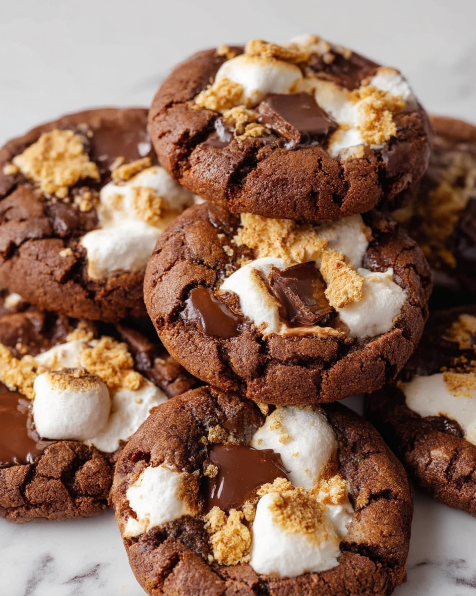 The image shows a group of seven round chocolate cookies stacked close together on a white marbled surface. Each cookie has a thick, cracked dark brown base that looks soft and dense. On top of each cookie, there are melted white marshmallow pieces that create a slightly bubbly texture, along with several chunks of dark, glossy chocolate melted partially into the cookies. Crushed golden beige biscuit pieces are scattered on top, adding a crumbly texture. The cookies appear rich and slightly sticky with a mix of smooth melted chocolate, soft marshmallow, and crunchy biscuit layers. photo taken with an iphone --ar 4:5 --v 7