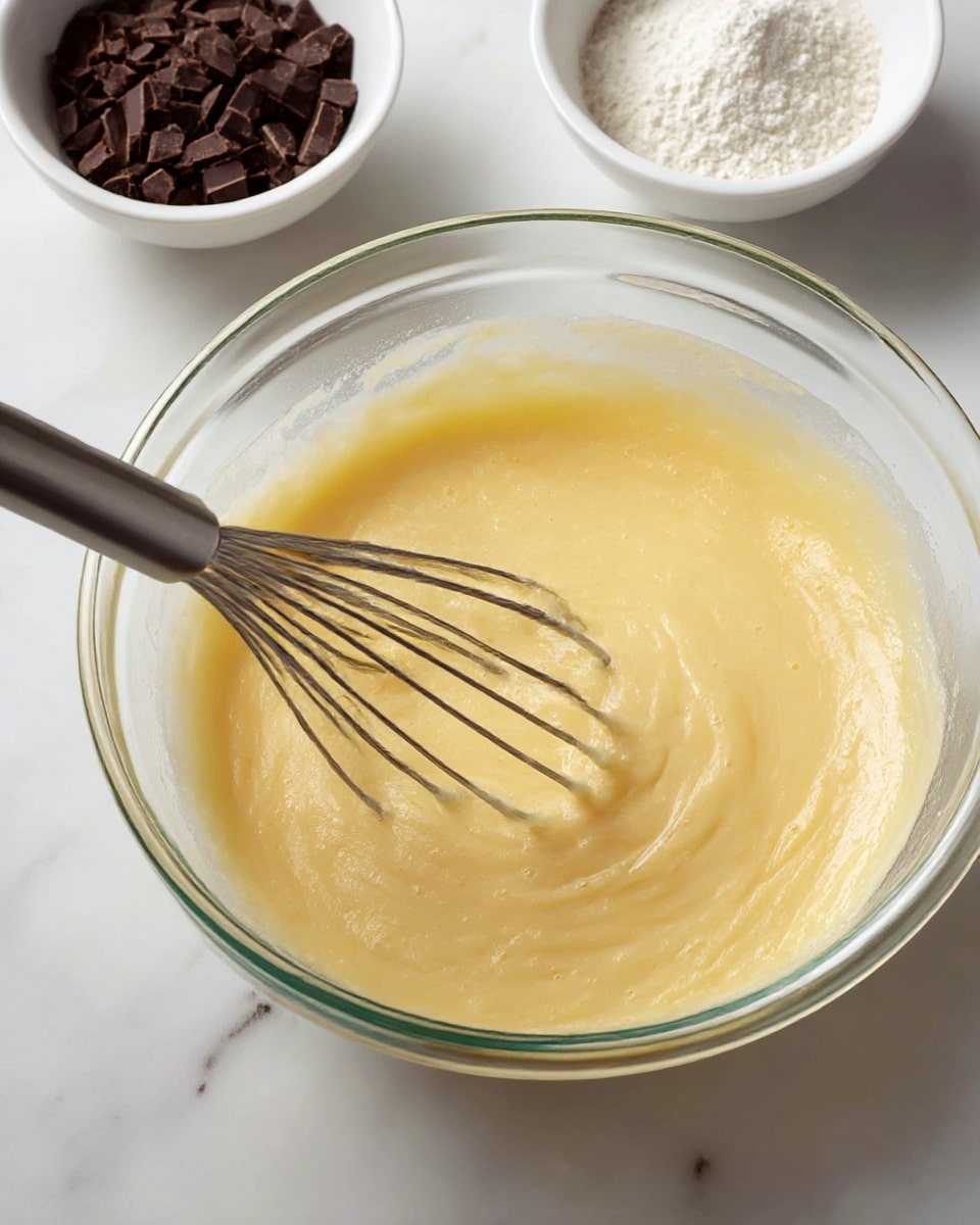 A clear glass bowl with a light yellow, smooth batter inside being mixed by a metal whisk. The batter has a soft, creamy texture and fills about half of the bowl. The bowl is placed on a white marbled surface. In the upper part of the image, two small white bowls are partially visible; one contains small dark brown chopped pieces of chocolate, and the other holds white flour. Photo taken with an iphone --ar 4:5 --v 7