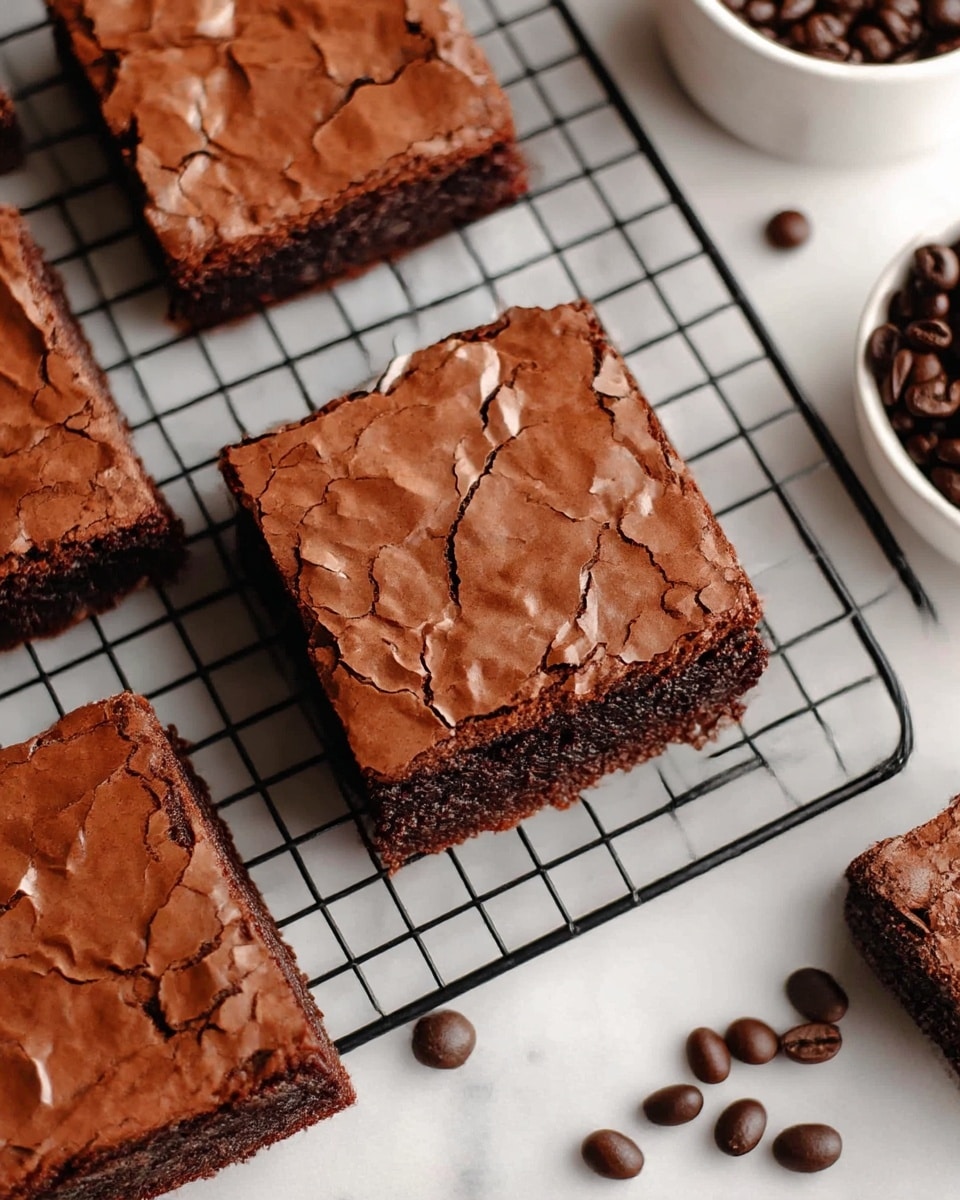 The image shows a stack of three thick, dark brown chocolate brownies with a slightly cracked shiny top layer, placed on a light-colored surface. The brownies look dense and moist, with small chocolate chunks inside them. Around the stack, there are more brownies scattered, each displaying the same texture and color. Dark brown coffee beans are casually placed near the brownies, adding detail to the scene. The background has a soft white look with blurred objects, making the brownies the main focus. photo taken with an iphone --ar 4:5 --v 7