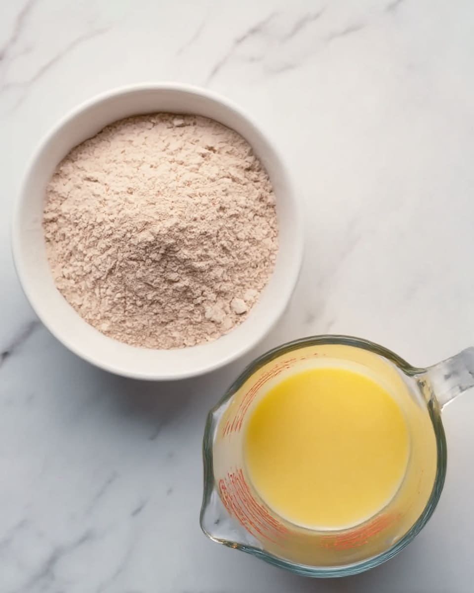 The image shows two containers on a white marbled surface. On the left, there is a white bowl filled with a dry, light brown powder that looks like a mix of flour and cocoa powder. On the right, there is a clear glass measuring cup, about halfway filled with a yellow liquid mixture. Both containers are seen from above, highlighting their contents clearly. photo taken with an iphone --ar 4:5 --v 7