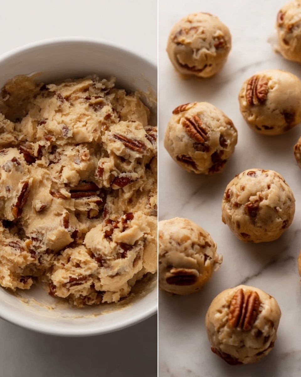 The image shows a close-up of five round pecan cookies with a golden brown color and a slightly cracked, soft texture. The pecan pieces are visible on the surface of each cookie, adding a bit of texture and a darker brown color contrast. One cookie is broken in half and placed on top of a whole cookie, revealing a lighter, soft inside with bits of pecans embedded. The cookies rest on a light beige parchment paper with a soft focus on the background, which has a white marbled texture. Photo taken with an iphone --ar 4:5 --v 7
