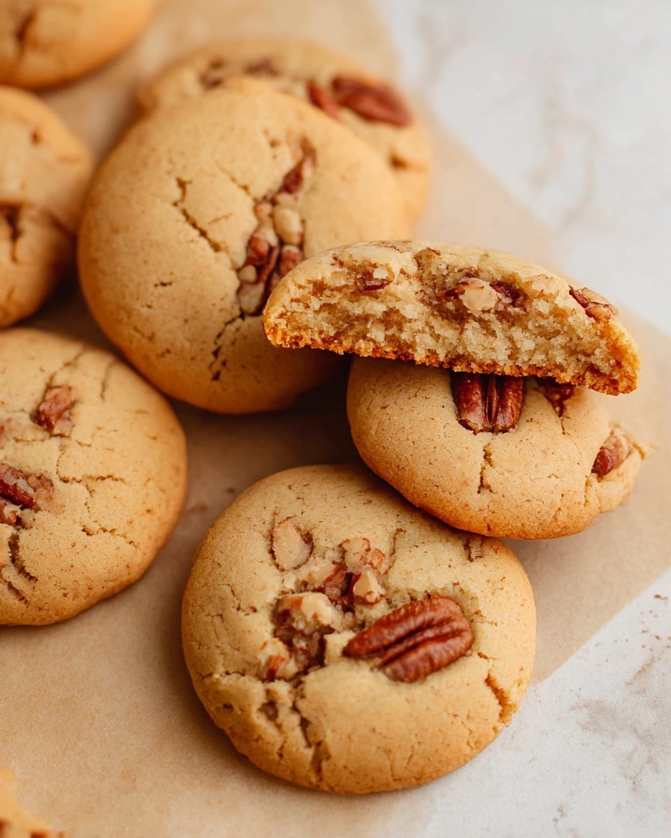 A pile of light brown cookies with a slightly uneven, rough texture filled with whole and broken pecans scattered on top and inside the cookies, all resting on white parchment paper inside a metal tray. On the top right corner, a white bowl with whole pecans is partially visible. The background is a white marbled surface photo taken with an iphone --ar 4:5 --v 7
