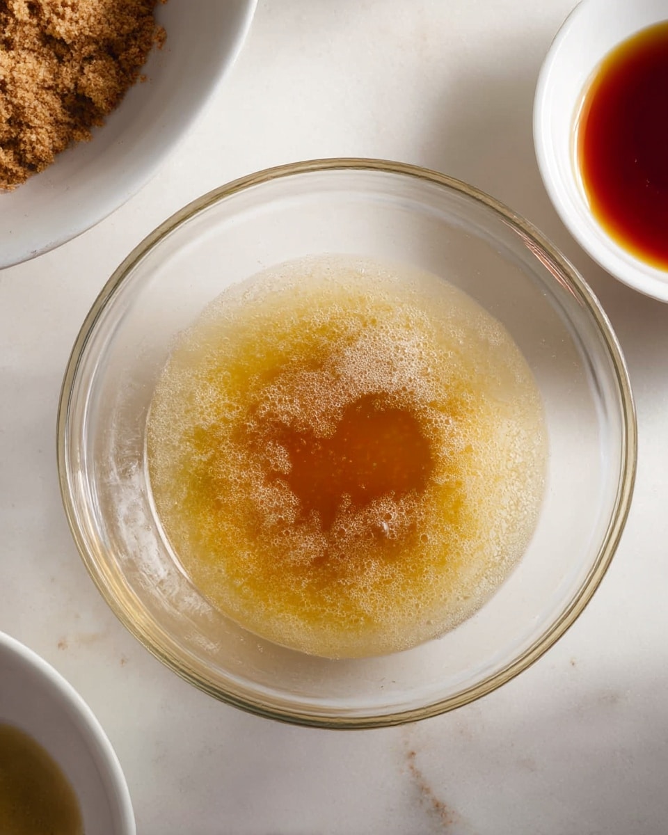 A clear glass bowl sits on a white marbled surface, containing a light golden-yellow liquid with a darker amber center that appears slightly frothy and textured. Surrounding the bowl are parts of other white bowls, one with brownish crumbly ingredients and another smaller bowl filled with a darker brown liquid. The scene is well-lit with soft, natural light, highlighting the textures and colors in the bowls photo taken with an iphone --ar 4:5 --v 7