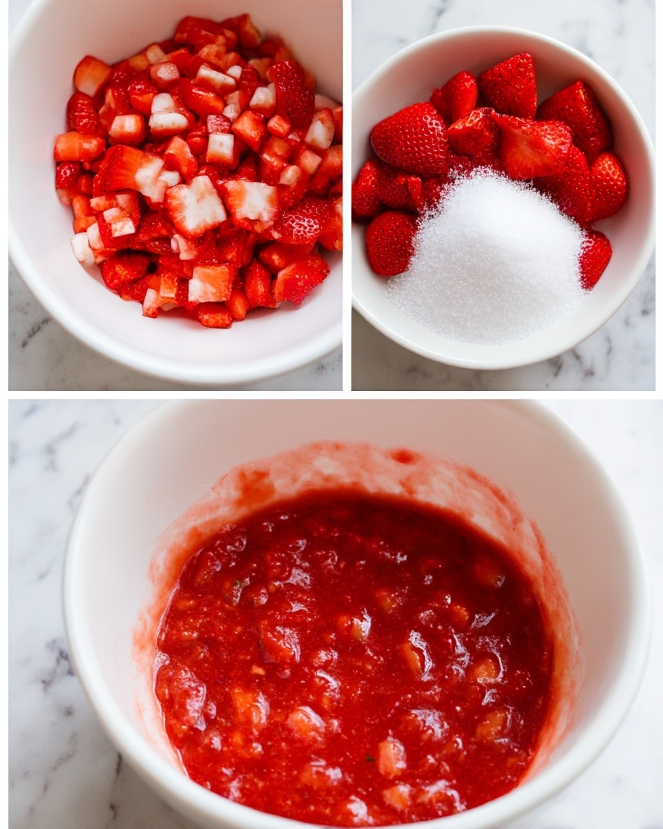The image shows three stages of making strawberry sauce. The top left shows a bowl of chopped bright red strawberries with white flesh bits mixed in. The top right shows the same strawberries placed in a white bowl with a pile of white granulated sugar on top. The bottom part of the image shows the strawberries cooked down into a thick red sauce with small bits of fruit visible inside a white bowl. The background is a white marbled surface. photo taken with an iphone --ar 4:5 --v 7
