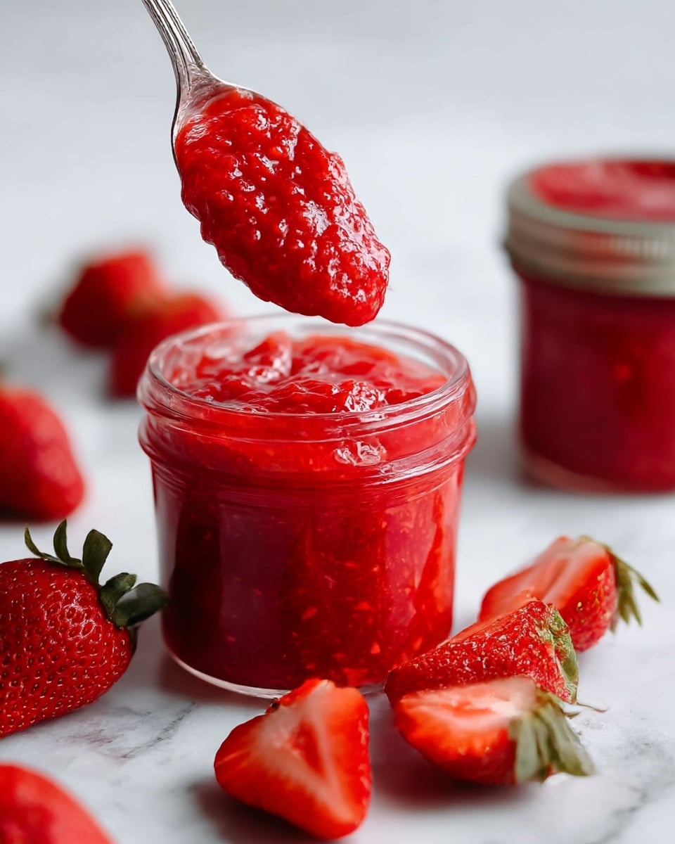The image shows two small clear glass jars filled with bright red strawberry sauce with a slightly chunky texture on top. Around the jars, there are whole strawberries with green leaves and some cut strawberry pieces placed on a white marbled surface. The strawberries look fresh and juicy with a vibrant red color, complementing the smooth, shiny sauce. photo taken with an iphone --ar 4:5 --v 7