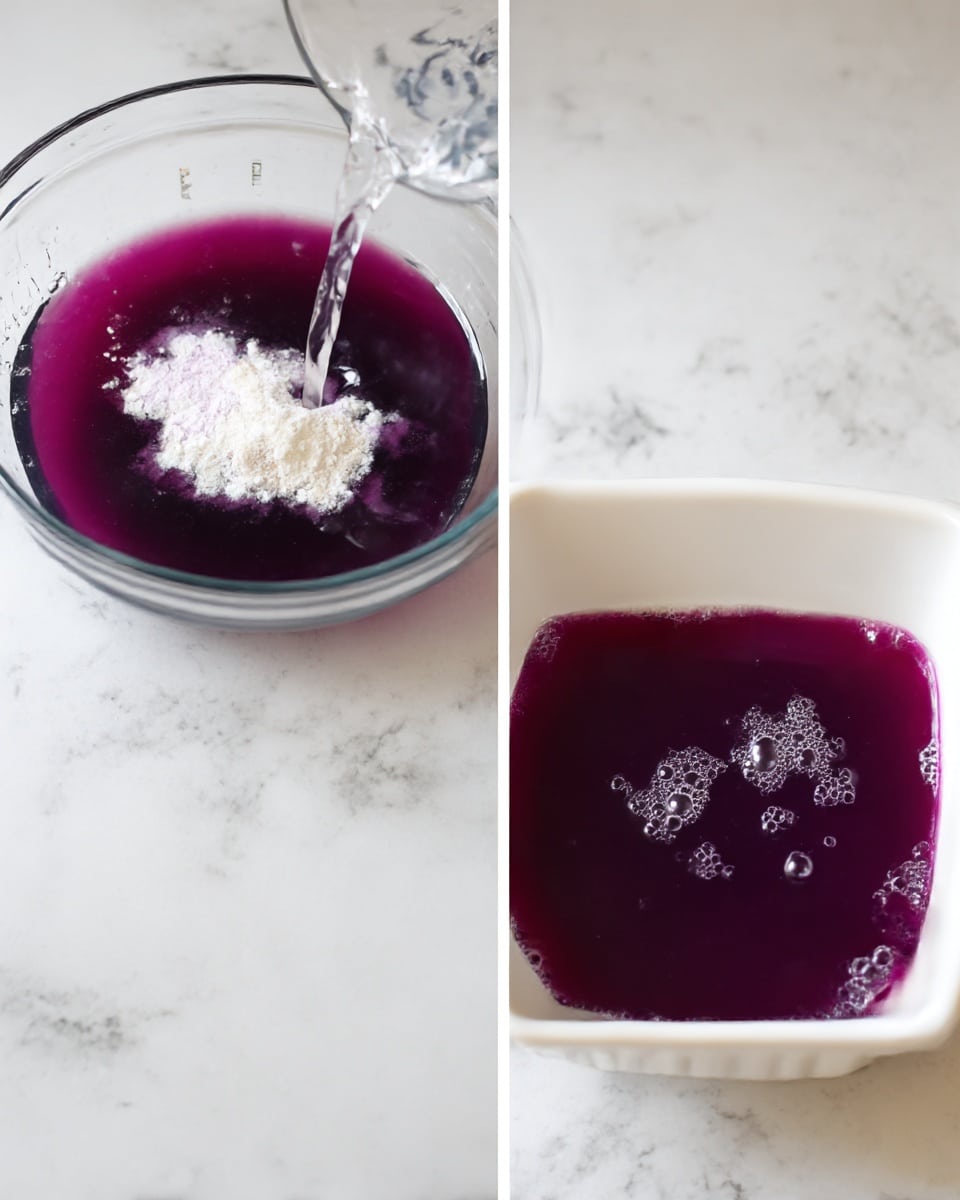 The image shows two close-up shots of a clear glass bowl and a white rectangular dish on a white marbled surface. In the left shot, water is being poured into the glass bowl containing a dark purple liquid with a white powder on the top, creating a contrast between the deep purple and the powder's light texture. The right shot shows the white dish filled with the same deep purple liquid, smooth with small bubbles scattered on the surface. Photo taken with an iphone --ar 4:5 --v 7