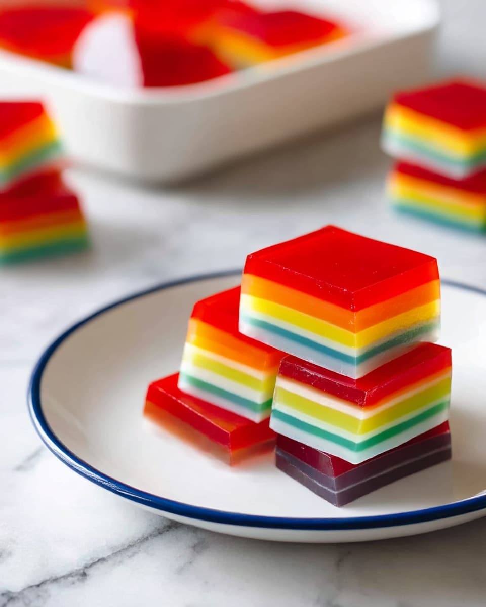 A white baking dish contains a large, smooth, bright red gelatin sheet covering most of the top part. On the left side, a strip of this red gelatin is cut into small rectangular pieces arranged in a neat line. Below the uncovered middle part of the dish, two square gelatin pieces show many thin, colorful layers in rainbow order: red, orange, yellow, green, blue, and purple. To the right, several thick slices of the layered rainbow gelatin are stacked with the bright red layer on top and the purple layer on the bottom. The setup sits on a white marbled surface. Photo taken with an iphone --ar 4:5 --v 7