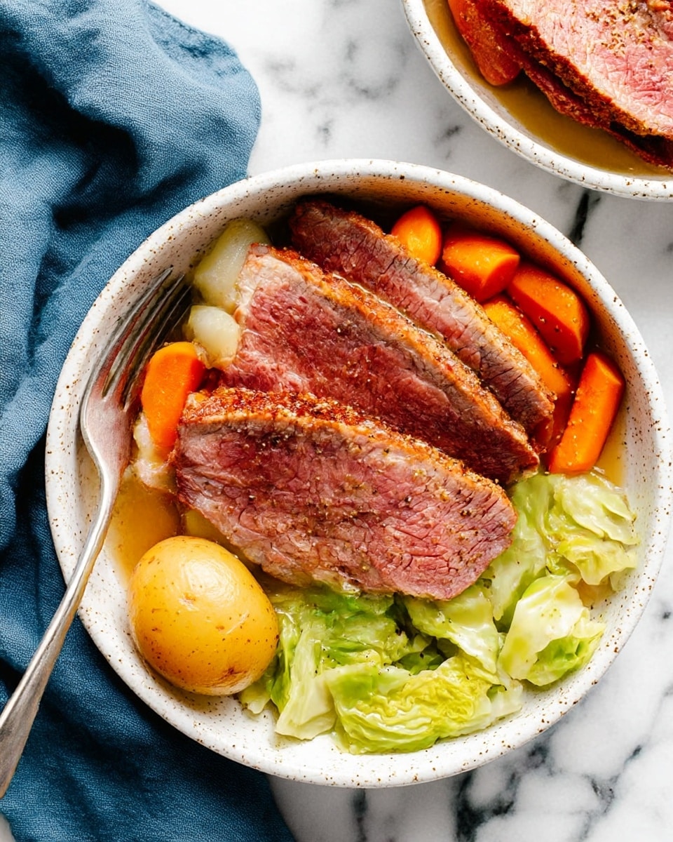 A white speckled bowl holds a close-up of three thick slices of moist, pinkish-red cooked meat at the bottom center, seasoned lightly with visible coarse spices. Around the meat, there are bright orange carrots, a whole small golden potato, and soft green cabbage pieces arranged in separate sections. A silver fork rests inside the bowl at the bottom left. The bowl sits on a white marbled surface, next to a calm blue cloth partially visible on the left side. Photo taken with an iphone --ar 4:5 --v 7