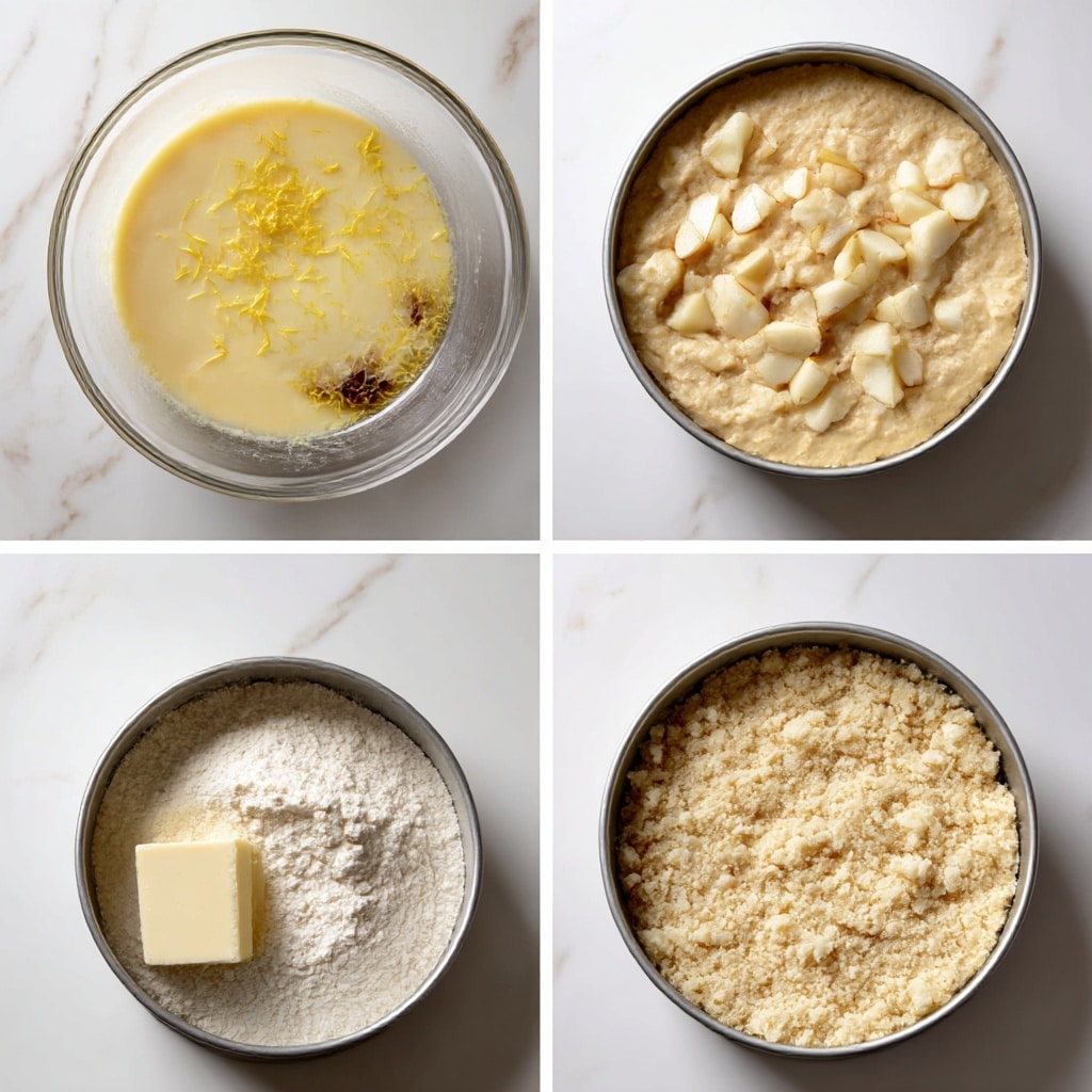 The image shows four close-up steps of making a layered dessert in round metal pans on a white marbled surface. The top left image shows a clear bowl with a creamy light yellow mixture with visible lemon zest, an egg yolk, and a splash of dark vanilla extract on top. The top right image has a round metal pan filled with a thick beige batter studded with white, uneven chunks of apple. The bottom left image shows a woman's hand holding a small piece of butter coated in flour above a bowl of flour with more butter chunks inside. The bottom right image features a round metal pan filled evenly with a crumbly, pale dry mixture that looks sprinkled on top in a layer. photo taken with an iphone --ar 4:5 --v 7