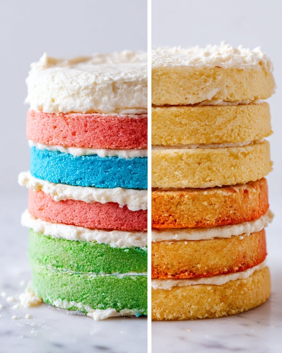 The image shows a stack of seven cake layers with creamy white frosting between each one, all placed on a white surface with a white marbled background. From bottom to top, the layers are pink, bright blue, green, light yellow, darker yellow, and red. Each cake layer has a soft texture with a smooth layer of frosting that slightly spills over the edges. The layers are evenly stacked, forming a colorful tower with sharp edges on the frosting and cake, giving a clean, fresh look. photo taken with an iphone --ar 4:5 --v 7