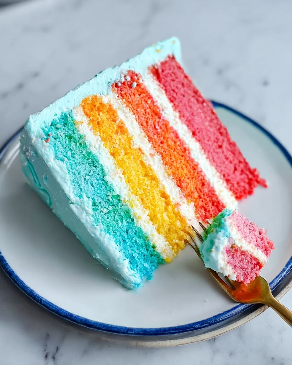 This image shows a tall rainbow cake with six layers, each layer a different bright color from bottom to top: pink, light blue, green, yellow, orange, and red. Each layer is separated by a thin white cream layer. The outside of the cake is covered in light blue frosting decorated with small yellow cream flowers on top and on the side. A woman's hand is holding a cake server under a slice of the cake, lifting it slightly. The cake sits on a white marble cake stand, and the background has a white marbled texture. photo taken with an iphone --ar 4:5 --v 7