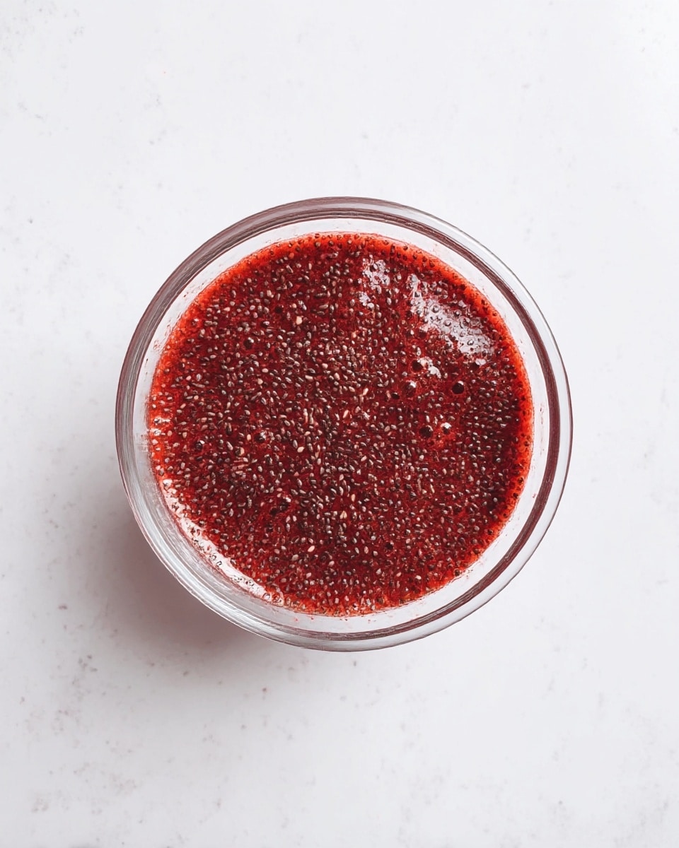 A clear glass bowl holds a single layer of reddish sauce mixed with many small black and white chia seeds evenly spread throughout. The sauce looks smooth with tiny bubbles and spots of seeds on the surface. The bowl sits on a white marbled texture background. photo taken with an iphone --ar 4:5 --v 7