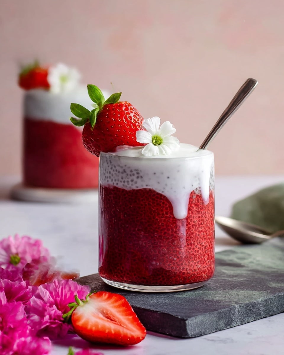 The image shows a glass with two layers: a thick, deep red strawberry chia pudding with small seeds visible in the bottom layer, topped with a smooth white cream layer. On top of the cream is a halved strawberry with green leaves and a small sprig of white flowers for decoration. The glass is placed on a dark gray round stone slab, resting on a white marbled surface. A halved strawberry and bright pink flowers are placed near the slab, with a soft purple-pink blurred background. Photo taken with an iphone --ar 4:5 --v 7