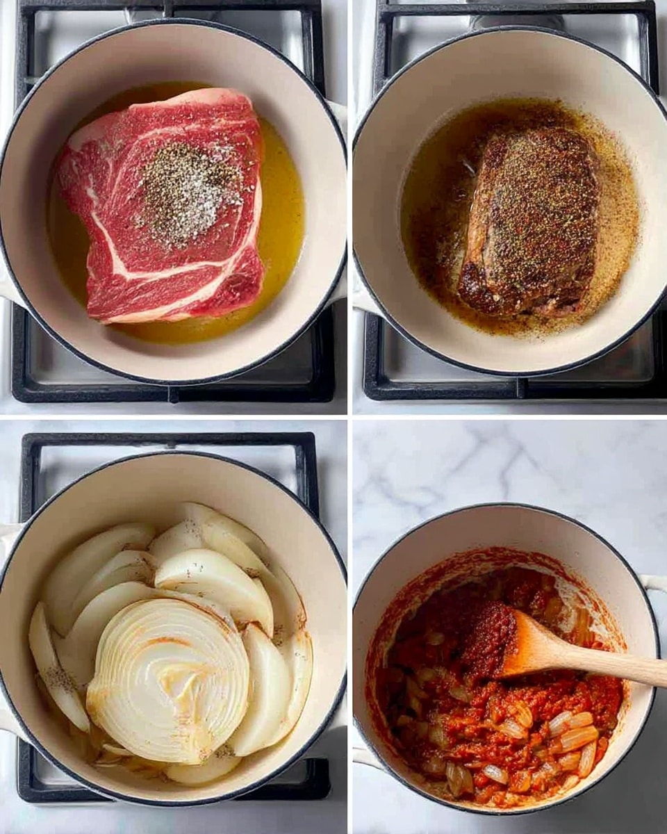 The image shows four stages of cooking in a white pot on a stove against a white marbled surface. In the top left, a raw piece of meat with pink and light red color, seasoned with coarse salt and black pepper, sits on a layer of oil. Top right shows the same meat browned dark brown and slightly charred on the edges. Bottom left reveals thick slices of white onion starting to cook in the pot with some light brown marks. The bottom right image shows the onions softened and mixed with red tomato paste, stirred with a wooden spoon. Photo taken with an iphone --ar 4:5 --v 7