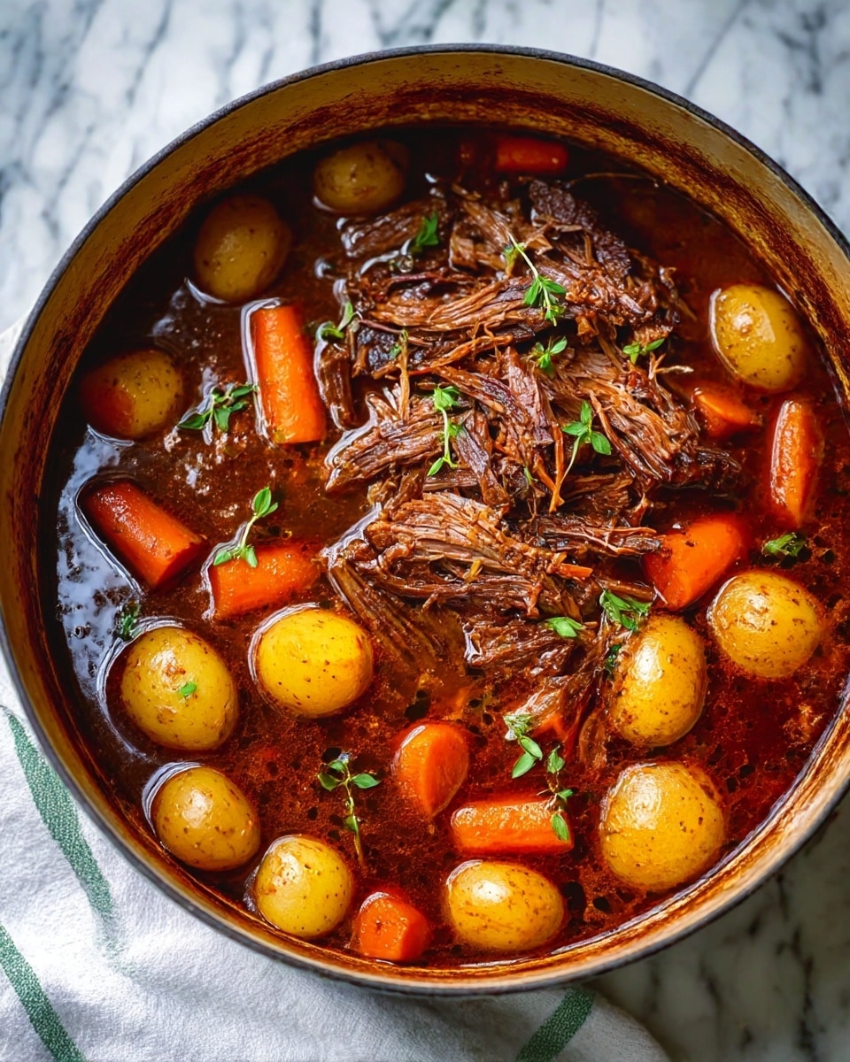 A round cooking pot filled with a rich stew showing three layers: the bottom layer is a dark brown broth with a shiny, slightly oily texture; the middle layer consists of chunked orange carrots and small yellow potatoes, some with skins, arranged evenly around the pot; the top layer features large, shredded pieces of dark brown slow-cooked meat with visible fiber strands and garnished with small sprigs of fresh green herbs. The pot sits on a white marbled surface under soft natural light, and a white cloth with green stripes is partially visible under the pot's edges. Photo taken with an iphone --ar 4:5 --v 7