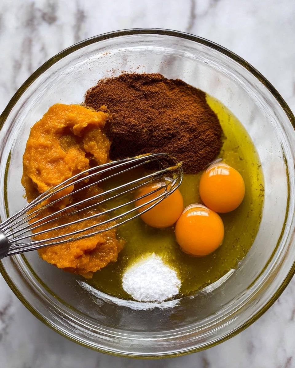 A clear glass bowl sits on a white marbled surface, filled with six separate ingredients ready to be mixed. At the bottom left is a bright orange pumpkin puree with a smooth and thick texture. Next to it on the top right is a mound of dark brown cinnamon powder. Two whole raw eggs with bright orange yolks and clear whites rest near the center-right. Surrounding some of these ingredients is a pool of golden yellow oil, shiny and smooth. A small dollop of white baking powder or baking soda is beside the cinnamon. A silver metal whisk lies inside the bowl, with its thin wires touching the pumpkin puree. The photo taken with an iphone --ar 4:5 --v 7