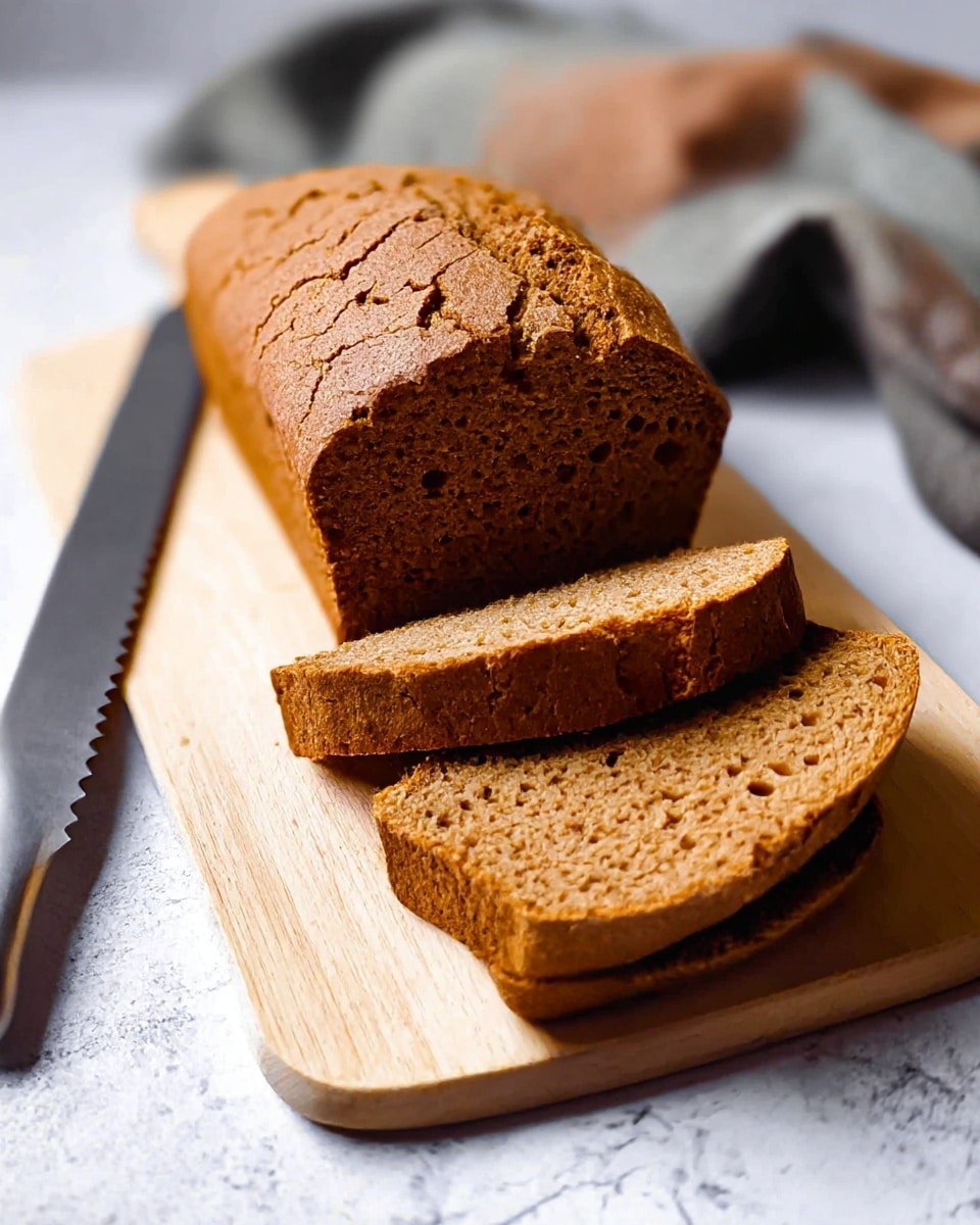 A loaf of brown bread with a cracked top is placed on a light wooden cutting board on a white marbled surface. The bread is cut into three thick slices, with two slices lying flat slightly overlapping in front of the remaining loaf. The bread's texture looks soft and dense with small air holes visible inside. To the left of the board, there is a long serrated knife resting on the surface. The background includes a blurred piece of cloth in muted colors. Photo taken with an iphone --ar 4:5 --v 7