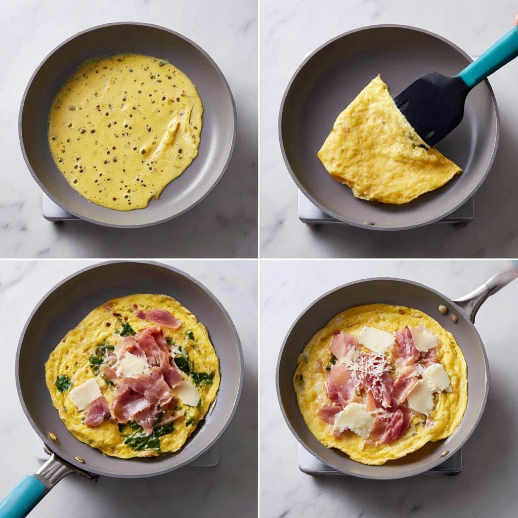 The image shows four steps of cooking an omelette in a gray pan placed on a stovetop with a white marbled surface beneath. The first frame shows a thin layer of mixed yellow egg with small black specks, spreading smoothly across the pan. The second frame captures the egg beginning to solidify with a soft, slightly lumpy texture, being gently lifted and folded by a woman's hand holding a black spatula with a turquoise handle. The third frame reveals the omelette topped with torn pieces of pinkish smoked salmon and dollops of white creamy cheese added unevenly on the semi-cooked yellow egg base, with a woman's hand placing a piece of salmon. The last frame portrays the final cooked omelette with the ingredients mixed and slightly browned in some areas, showing layers of yellow egg, pink salmon, and white cheese evenly spread across the surface. photo taken with an iphone --ar 4:5 --v 7