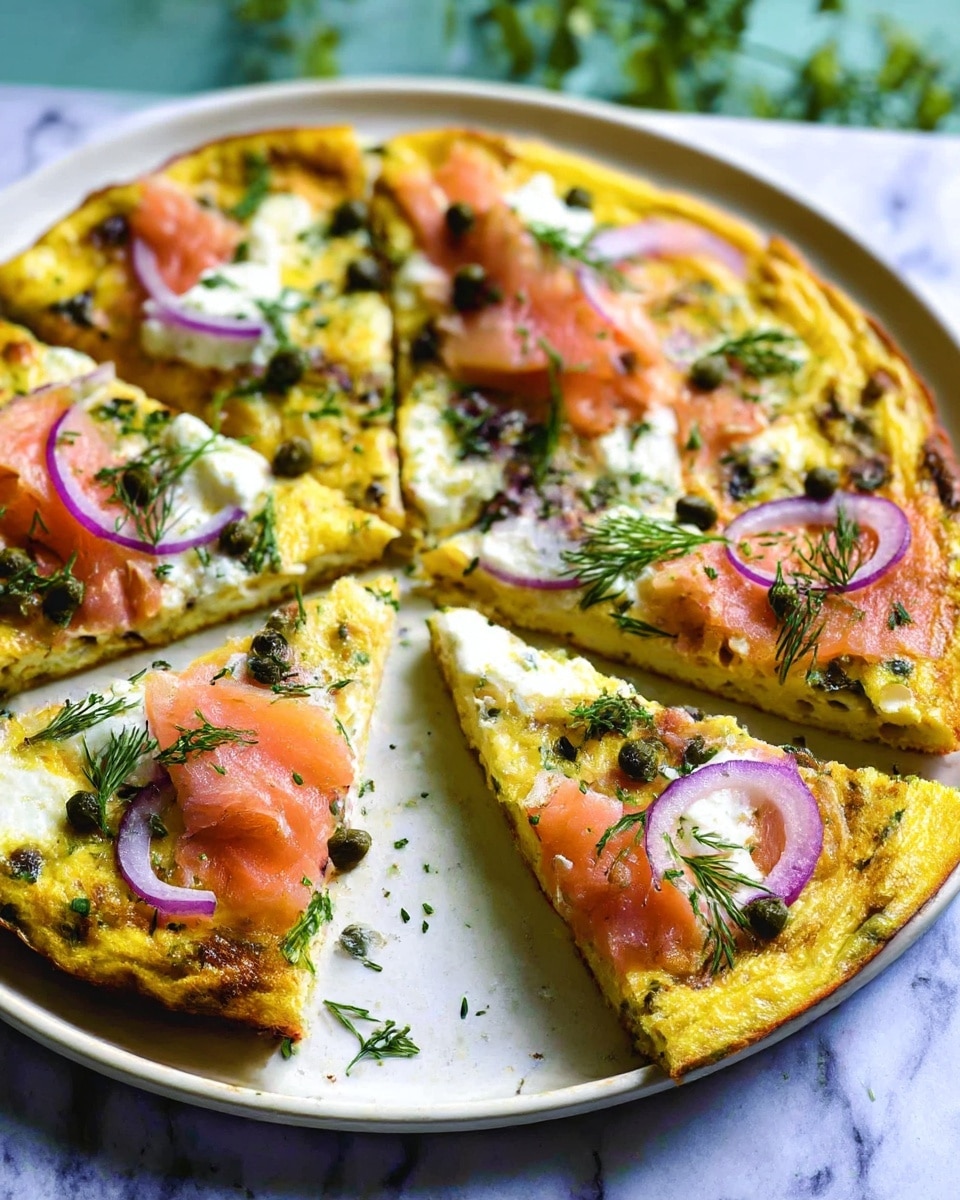 A round, golden-yellow frittata with a slightly browned edge is cut into several slices on a white plate. On top, there are thin slices of pinkish smoked salmon spread unevenly across the surface, dollops of white creamy cheese, thin curved slices of purple-red onion, and scattered small green capers. Fresh green dill and small chopped green herbs are sprinkled over everything, adding texture and color contrast. The plate sits on a white marbled surface with a soft focus on greenery in the background. The colors are bright, making the dish look fresh and inviting. Photo taken with an iphone --ar 4:5 --v 7