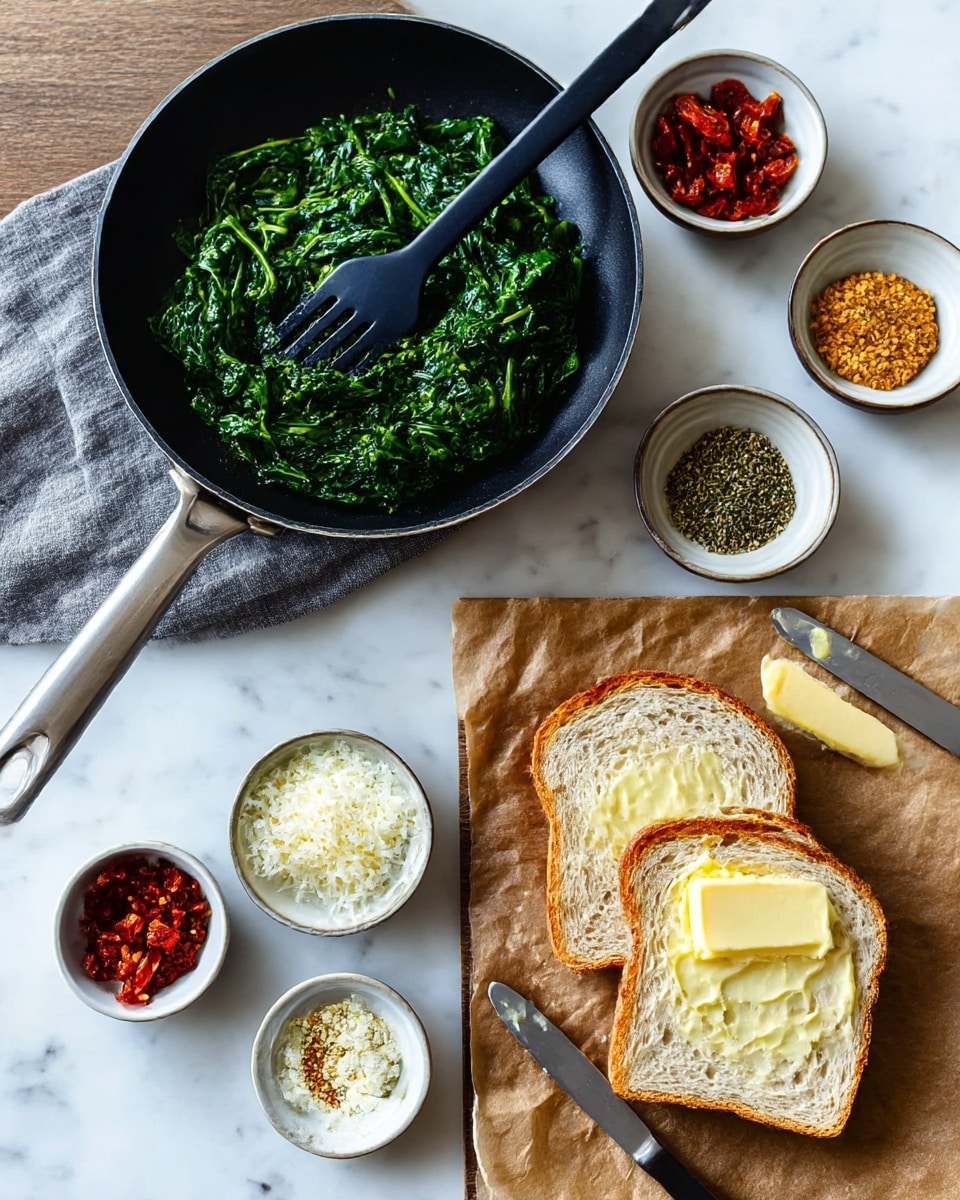 A toasted sandwich is cut into three triangular pieces on light brown parchment paper placed on a wooden board. The bread is golden brown with a crispy texture, sprinkled with red chili flakes. Inside, you see layers of melted white cheese, green leafy spinach, and small pieces of red tomatoes. A wooden honey dipper with honey rests on the right side, along with small sprigs of green herbs. A small white bowl with dried green herbs is in the top left corner on the wooden board. The whole scene is set on a white marbled surface. Photo taken with an iphone --ar 4:5 --v 7