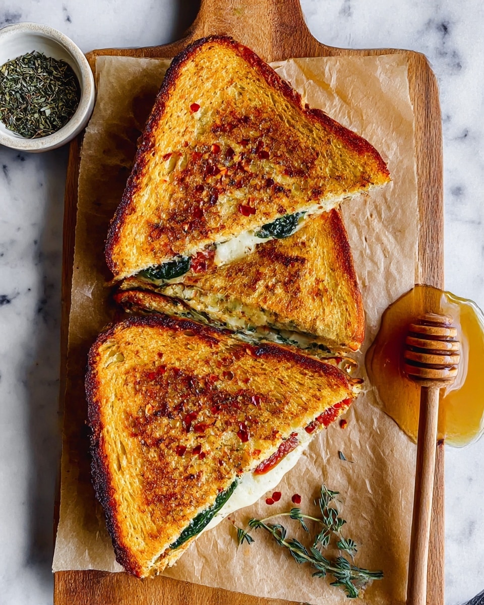 A stack of four toasted sandwich halves is shown on a white marbled surface, each sandwich with two golden brown toasted bread slices forming three visible layers of filling. The outer layer is the crispy bread with a slightly charred texture. Inside, the first filling layer is creamy white cheese, unevenly spread, mixed with dark green leafy spinach. The second filling layer has bright red sun-dried tomatoes, some pieces peeking out. The sandwiches are stacked unevenly, showing the fillings clearly in each half. Some red pepper flakes and spinach leaves are scattered around the sandwiches, adding color contrast. photo taken with an iphone --ar 4:5 --v 7