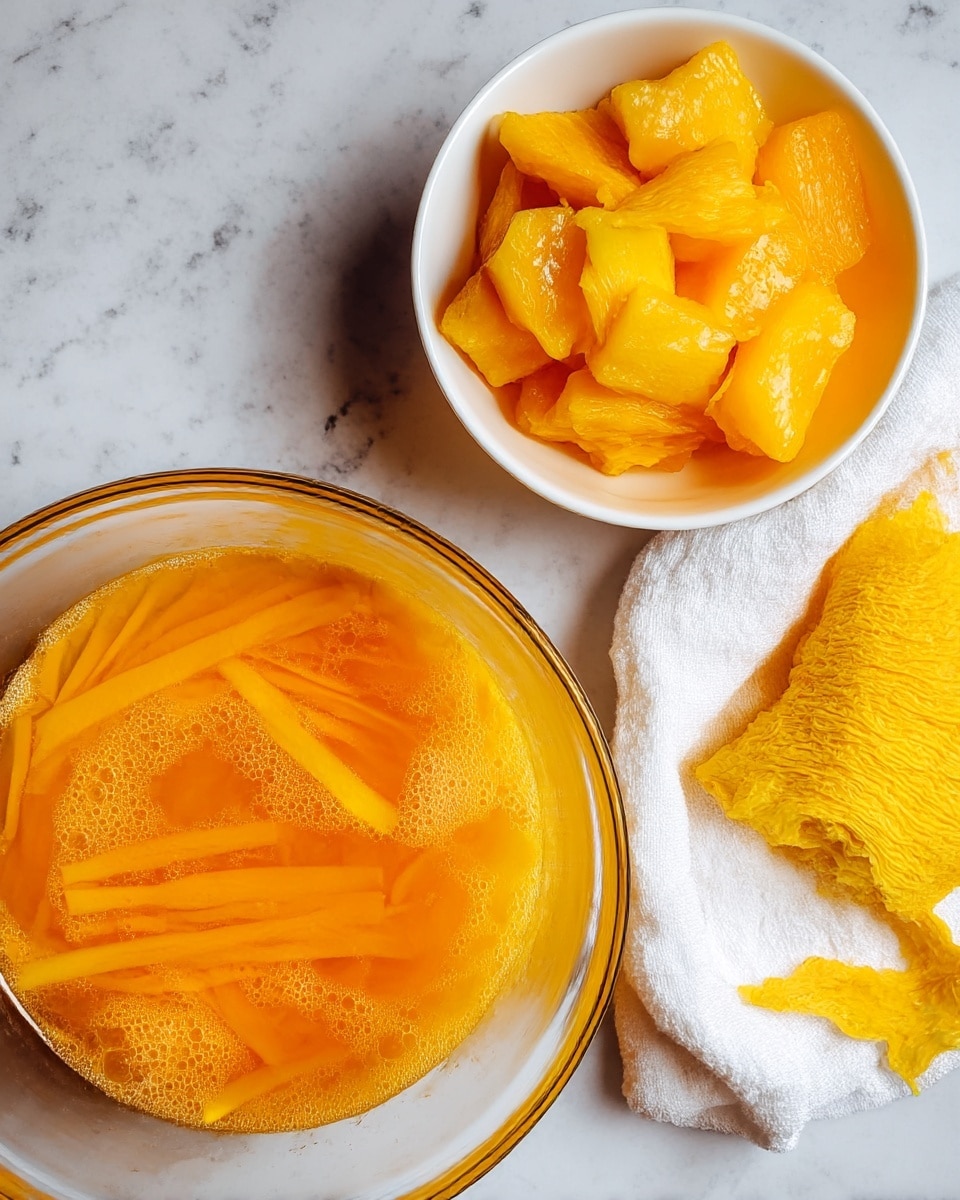 A clear glass bowl filled with a bright orange mixture that has thin orange strips floating in it, creating a layered texture with some bubbles near the center. Next to it, there is a white bowl holding pieces of chopped orange fruit with a juicy, shiny appearance. To the right, a white cloth holds a bright yellow-orange fibrous peel, softly folded and textured. All items are placed on a white marbled surface photo taken with an iphone --ar 4:5 --v 7