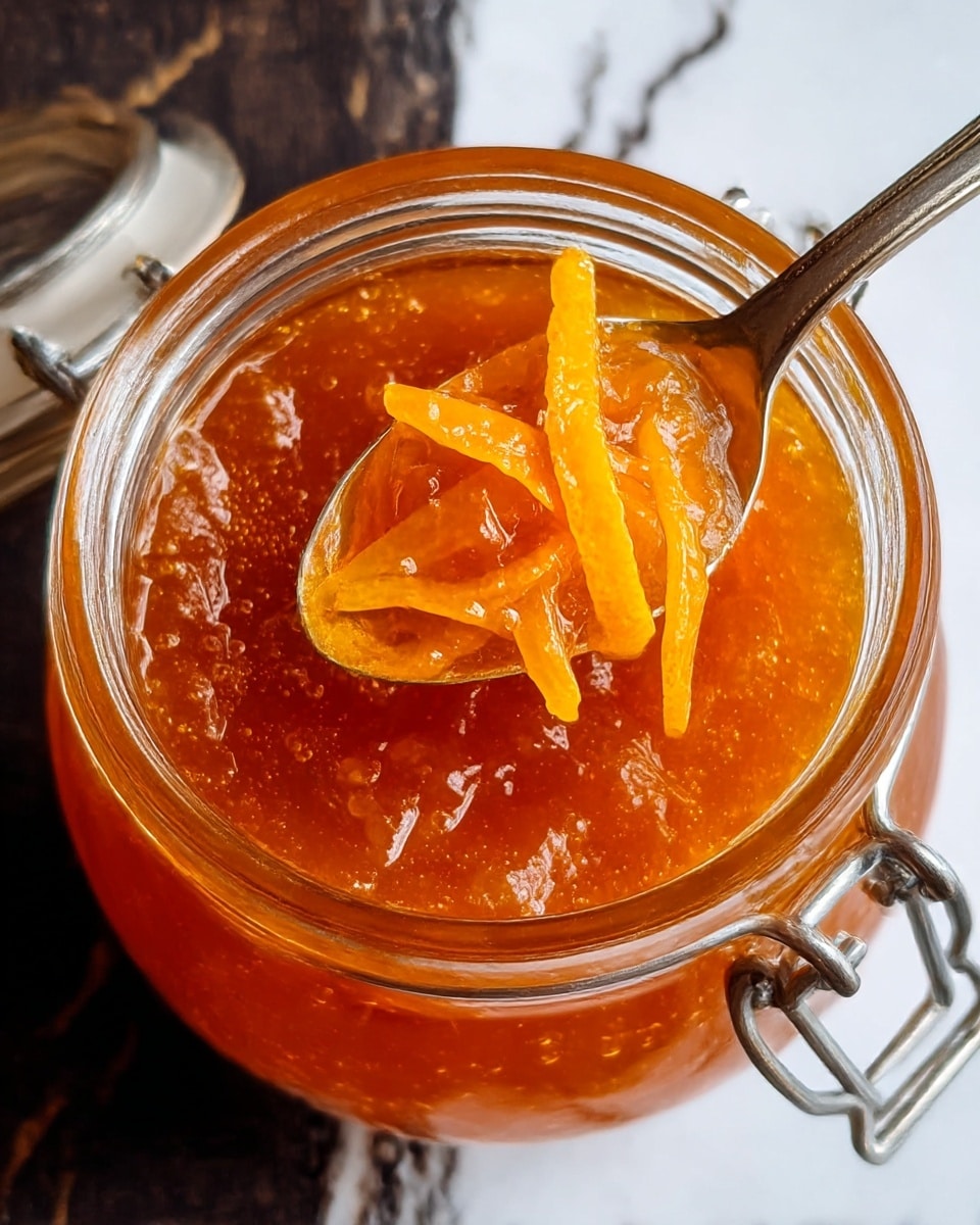 A close-up view of two clear glass jars filled with bright orange marmalade, showing visible strips of orange peel suspended in the thick jam. One jar is open with its lid resting aside, while the other jar remains closed with a metal clasp. To the right, a half orange with textured skin and juicy pulp adds a fresh touch. All items sit on a white marbled surface, giving a clean, fresh background. Photo taken with an iphone --ar 4:5 --v 7