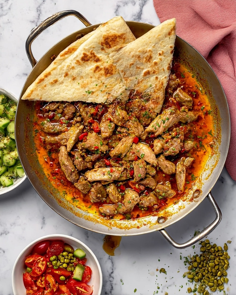 A large round silver pan with handles holds a dish with two folded tan flatbreads placed on the top side. Inside the pan, there is a mix of small brown meat pieces cooked in a reddish-orange sauce with bits of red peppers and light green herbs scattered throughout. The pan shows some splashes of sauce on the sides. Below the pan, there are two small white bowls, one with a salad of green cucumber cubes and red tomato pieces, and another with green split peas spilling slightly onto the white marbled surface. The whole setup is on a white marbled background with a pink cloth partially visible on the top right corner. photo taken with an iphone --ar 4:5 --v 7