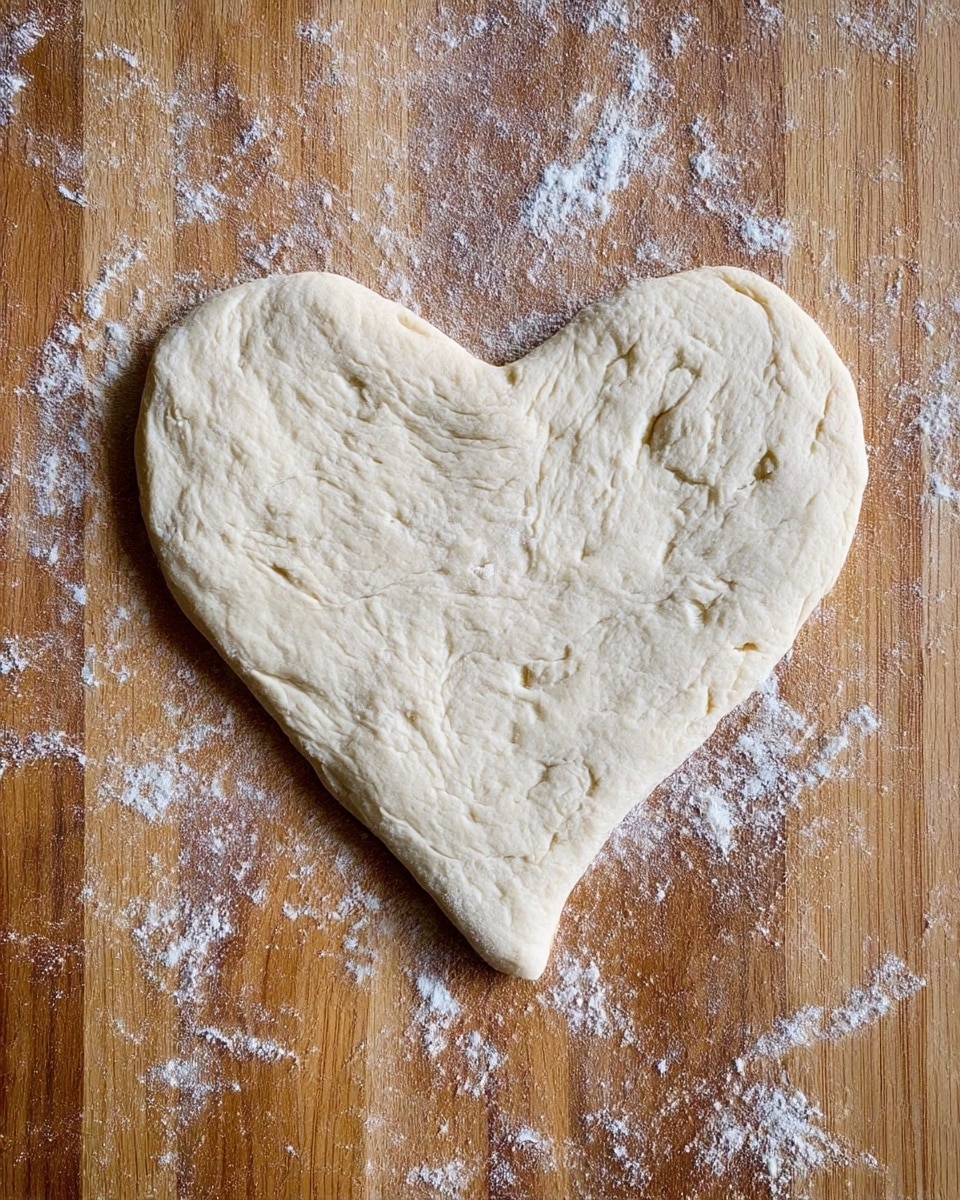 A single piece of raw dough shaped like a heart lies flat on a wooden board sprinkled lightly with flour. The dough has a pale cream color and a soft, uneven texture with some small air bubbles and indentations visible on the surface. The wooden board shows a natural grain pattern and has scattered flour around the dough. photo taken with an iphone --ar 4:5 --v 7