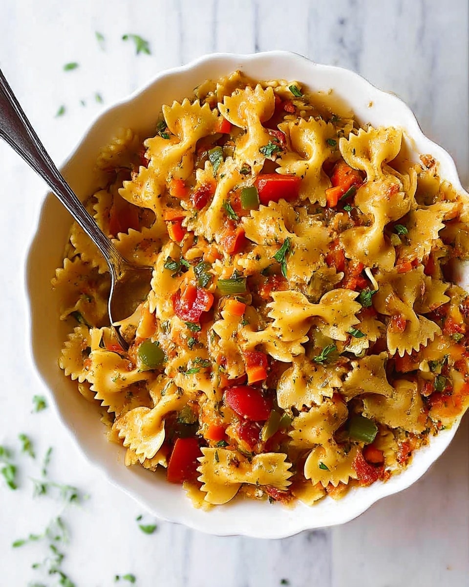 The image shows a close-up of a pasta dish made with farfalle (bow-tie) pasta, cooked to a slightly soft texture. The pasta is mixed with small pieces of red bell pepper, green herbs scattered throughout, and bits of browned onions, all coated in a light, slightly oily sauce that has hints of yellow and brown spices. The overall look is colorful with the beige pasta as the base, spotted with bright reds and fresh green herbs for contrast. The background has a white marbled texture and the photo was taken with an iphone --ar 4:5 --v 7