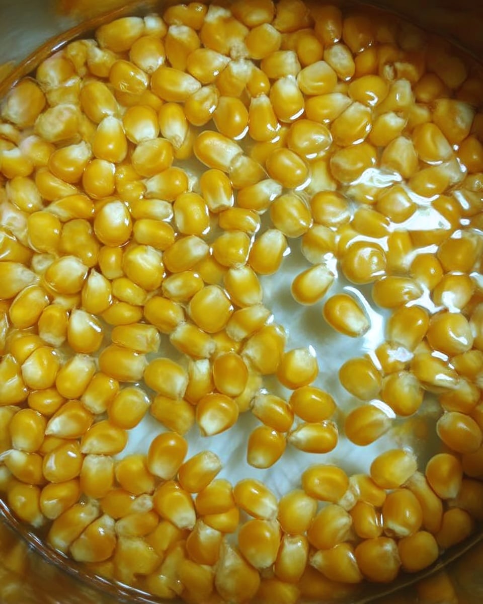 The image shows a pot filled with yellow corn kernels soaked in clear water. The kernels cover the entire surface inside the pot, with some reflections on the water creating a shiny effect. The background is a white marbled texture. photo taken with an iphone --ar 4:5 --v 7