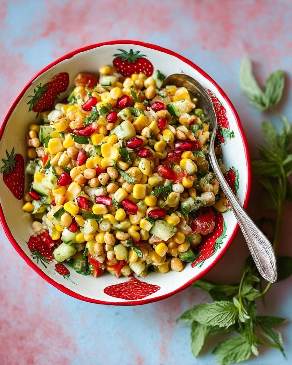 This image shows a bowl filled with a colorful salad that has about five layers mixed together: bright yellow corn kernels, small red pomegranate seeds, light beige puffed rice, green cucumber pieces, and bits of fresh cilantro leaves. The puffed rice adds a light and crunchy texture, scattered evenly throughout. There are also small chunks of red tomato mixed in, giving more color contrast. The bowl is white with a red rim, and it sits on a white marbled surface. The colors look fresh and vibrant, and the salad appears juicy and crisp. photo taken with an iphone --ar 4:5 --v 7