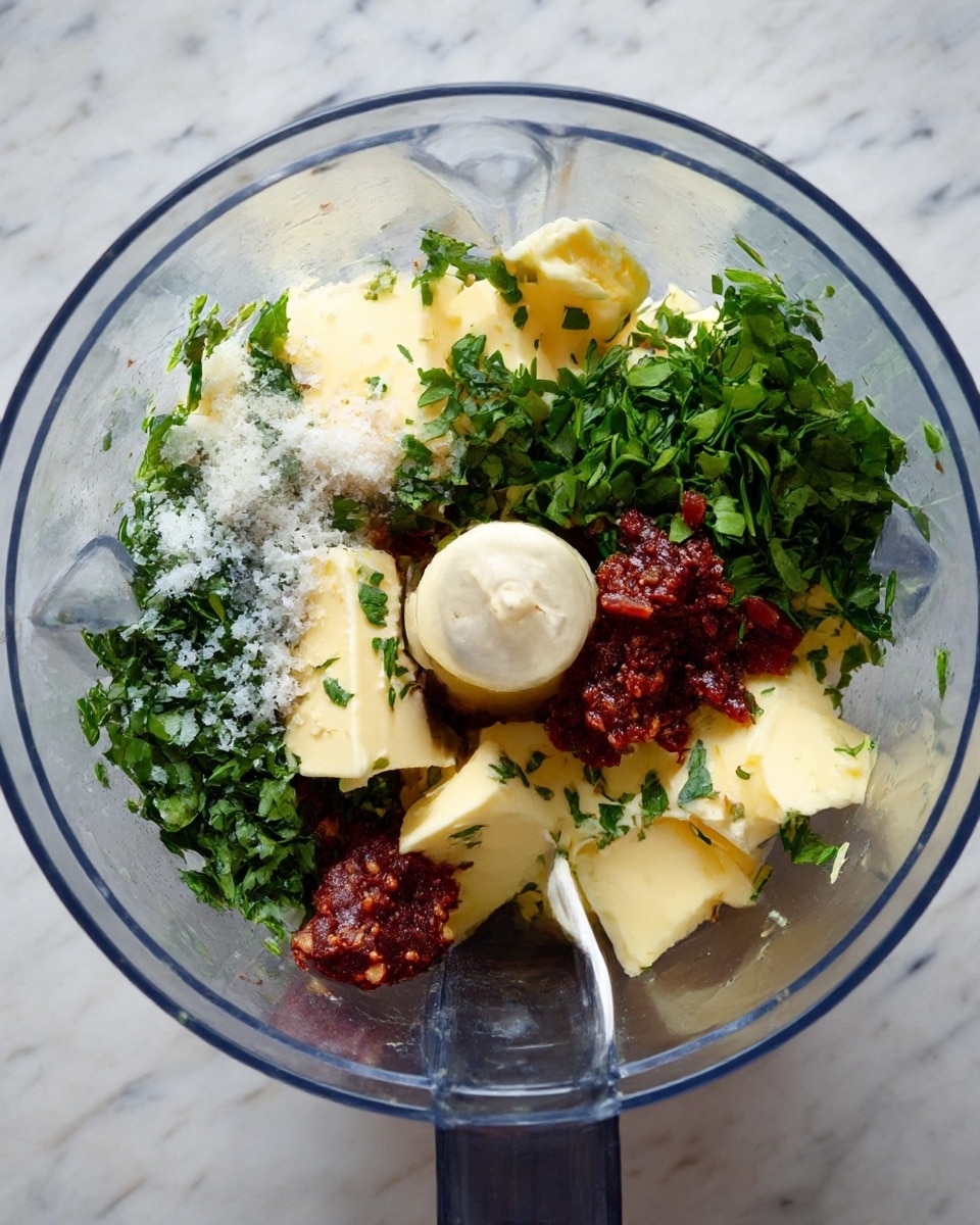 Inside a clear food processor bowl, several ingredients are layered together. The bottom layer shows uneven chunks of pale yellow butter. Scattered around and on top are bright green chopped herbs, mostly flat leaves. There are small piles of coarse white salt crystals sprinkled over the herbs. Dark reddish paste blobs and a few smaller clumps of brown tapenade-like paste sit next to the butter. The top view clearly shows the sharp, curved silver blade inside the bowl. The whole scene is set against a white marbled texture background. photo taken with an iphone --ar 4:5 --v 7