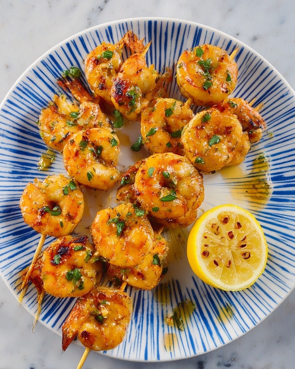 The image shows a close-up of cooked shrimp arranged on a white plate with blue streak designs. The shrimp are orange with a slightly charred texture, covered with small green herb pieces and bits of red seasoning. The dish is shiny with a light layer of golden sauce drizzled over and around the shrimp. On the left side, there is a half lemon slice. The plate is placed on a white marbled surface. photo taken with an iphone --ar 4:5 --v 7