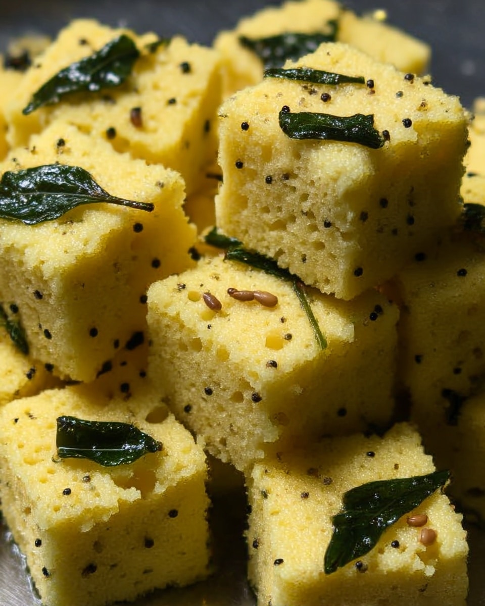 The image shows several small yellow square pieces with a soft and crumbly texture placed on a white plate. Each piece has a light sprinkling of white shreds on top and a small slice of green chili pepper with visible black mustard seeds scattered on and around the pieces. The background is a white marbled surface. Photo taken with an iphone --ar 4:5 --v 7