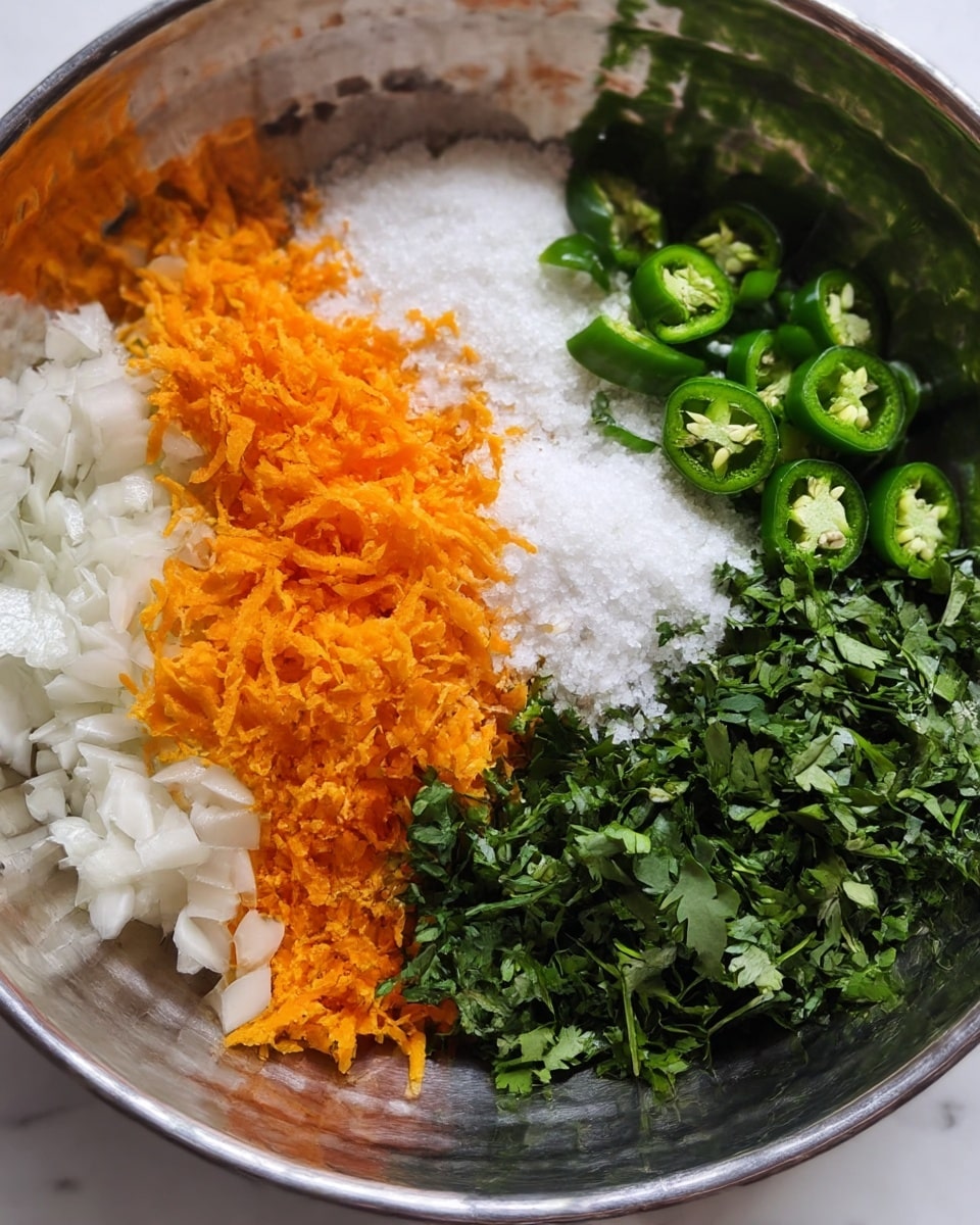 The image shows a silver bowl with five distinct layers of ingredients arranged in separate sections around the bowl. Starting from the left, there is a layer of finely chopped white onion at the bottom left, above which sits a layer of shredded orange carrot. Moving clockwise, the top center has a pile of coarse white salt. To the right of the salt, there are small slices of green chili peppers with seeds visible inside. Finally, on the bottom right, there is a pile of dark green chopped cilantro leaves. The bowl is set on a white marbled surface. photo taken with an iphone --ar 4:5 --v 7