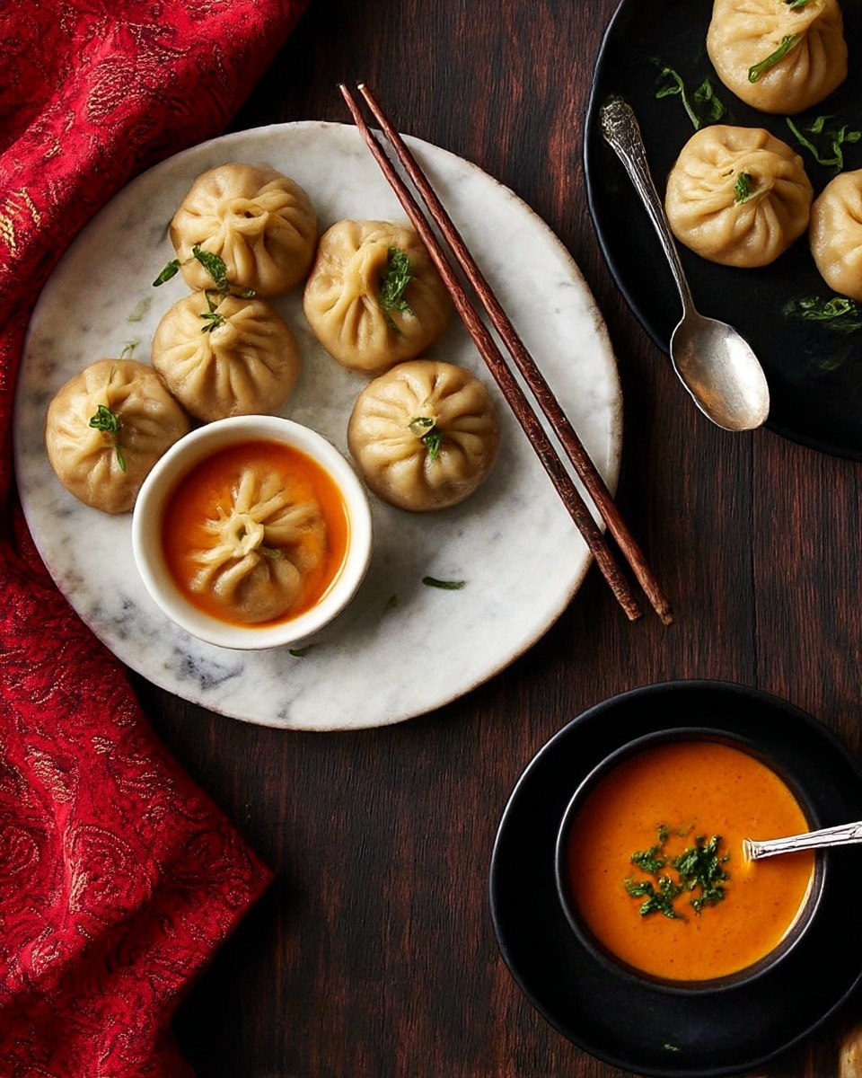 The image shows two plates of round dumplings with a smooth, light brown dough, each dumpling pinched at the top and garnished with small sprigs of green herbs. One plate is white marbled textured with five dumplings arranged around a small white bowl filled with bright orange dipping sauce, topped with a small green herb sprinkle. Two pairs of chopsticks rest on the edge of this plate. The other plate is black and holds several dumplings scattered around a small bowl filled with the same orange sauce and a metal spoon resting inside. A red patterned cloth is partially visible on the left side on a dark wooden surface. Photo taken with an iphone --ar 4:5 --v 7
